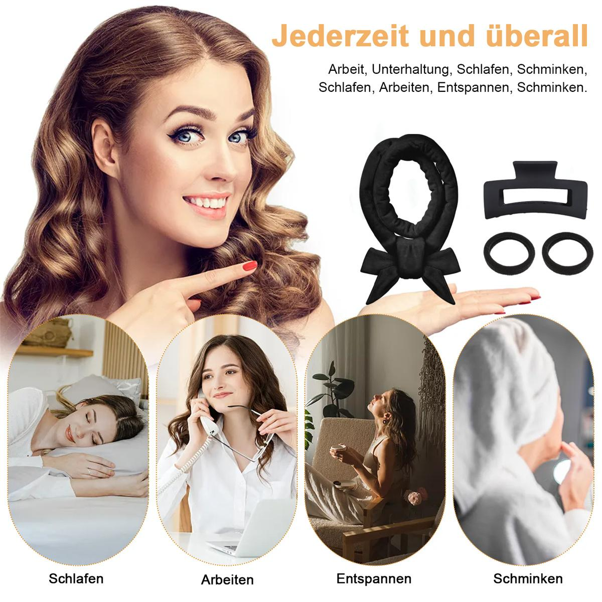 Verschiedene Bilder von Frauen, die Lockenwickler verwenden, schlafen, arbeiten und sich entspannen. Ein schwarzes Lockenwickler-Set wird gezeigt.