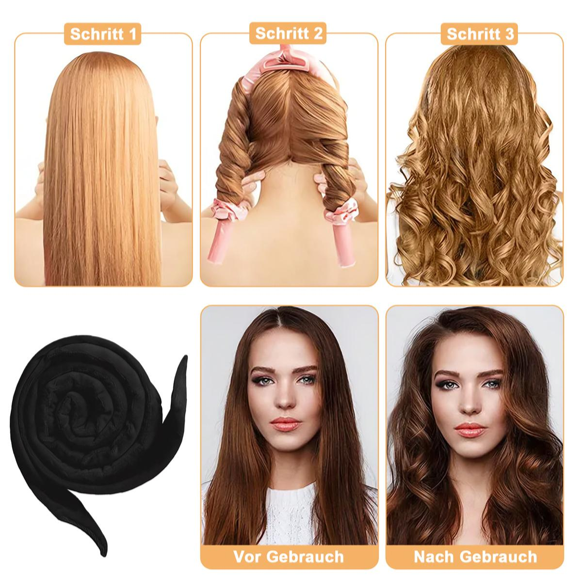 Eine dreistufige Anleitung zum Locken der Haare. Zeigt glattes, verdrehtes und gelocktes Haar. Oben ist der Prozess zu sehen.