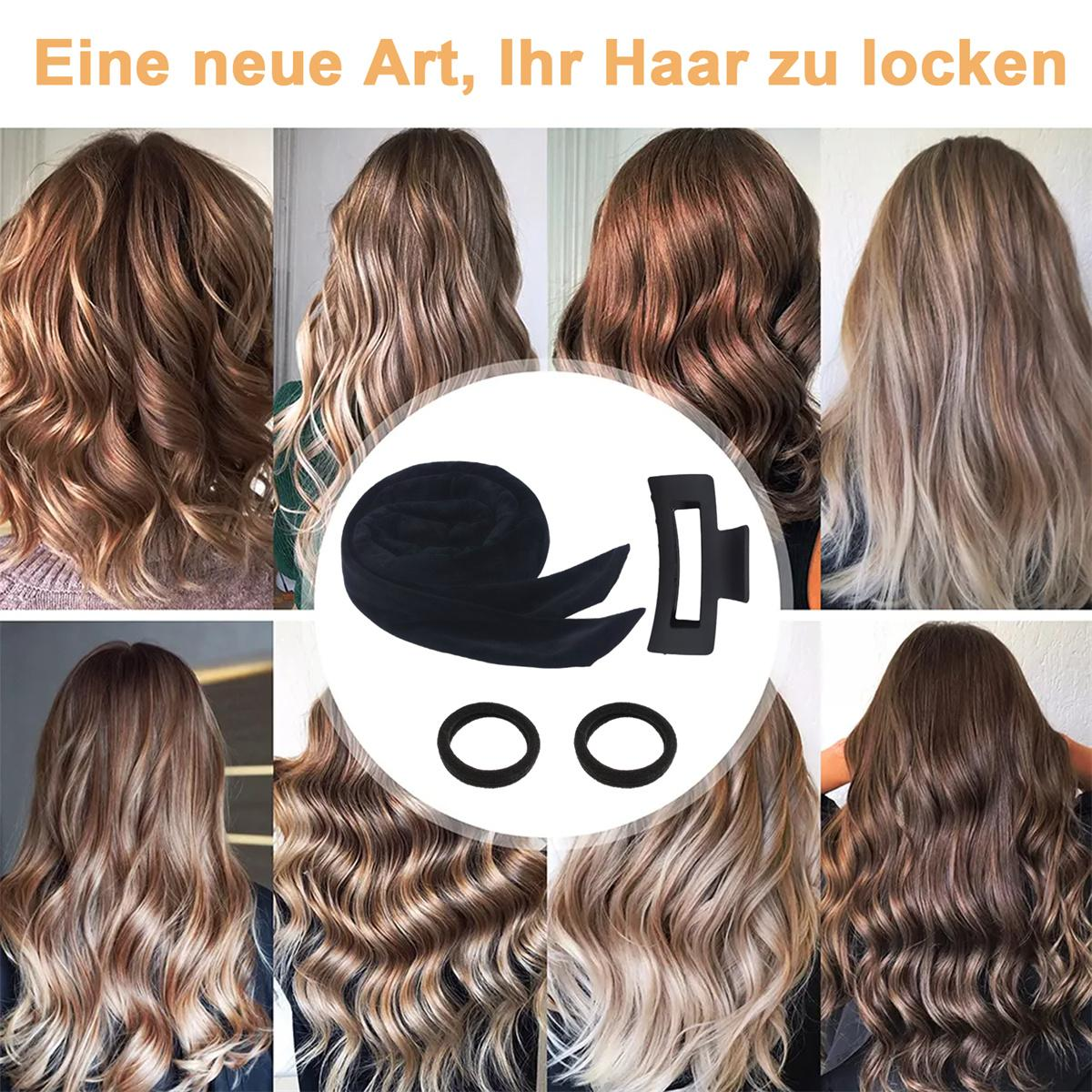 Verschiedene Frisuren auf dem Haar von Frauen, mit einem schwarzen Lockenstab und Zubehör. Der Hintergrund ist weiß.