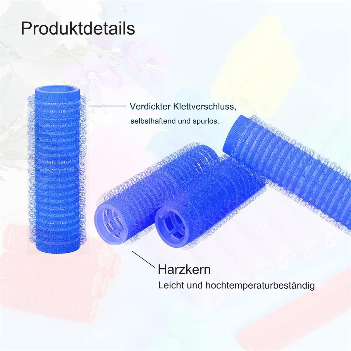 Nahaufnahme von blauen Haarwicklern. Text hebt Merkmale wie einen verdickten Klettverschluss und Harzkern hervor.