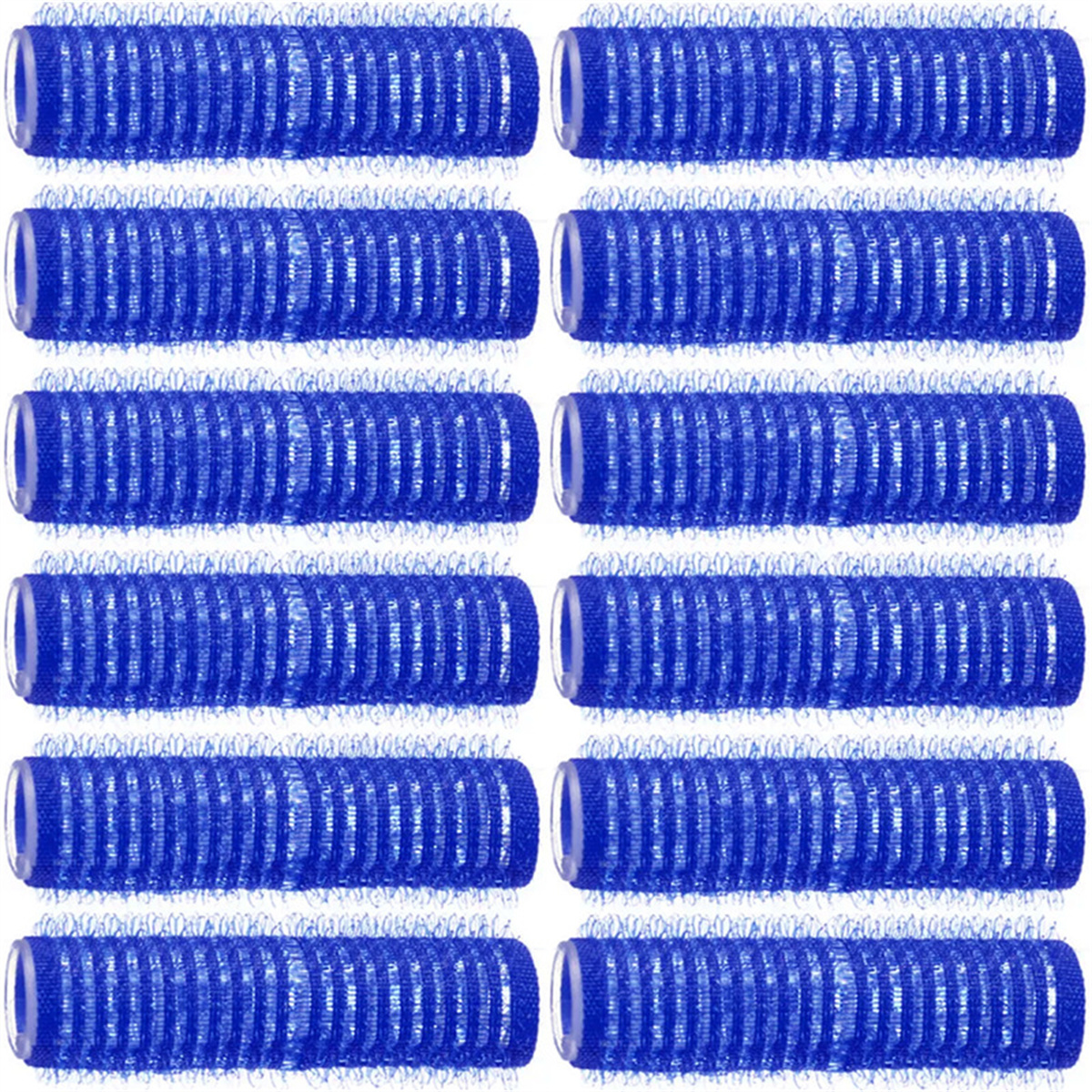 Viele blaue Lockenwickler in Reihen angeordnet. Weißer Hintergrund.