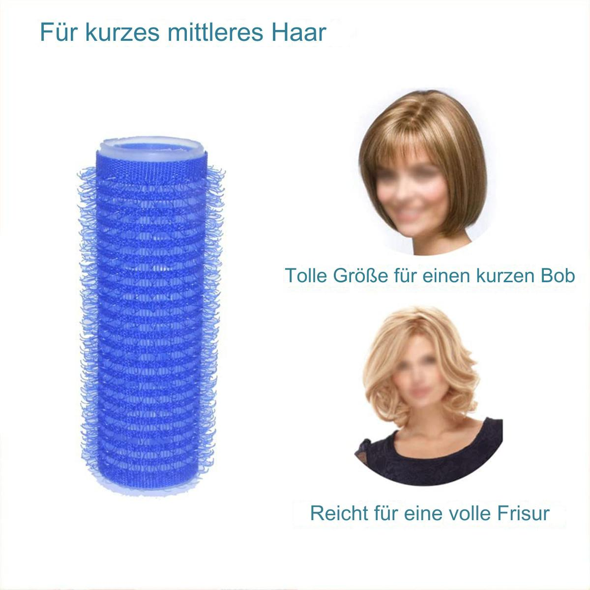 Blaue Haarroller und zwei Frauen mit Frisuren. Text: Für kurzes bis mittellanges Haar.