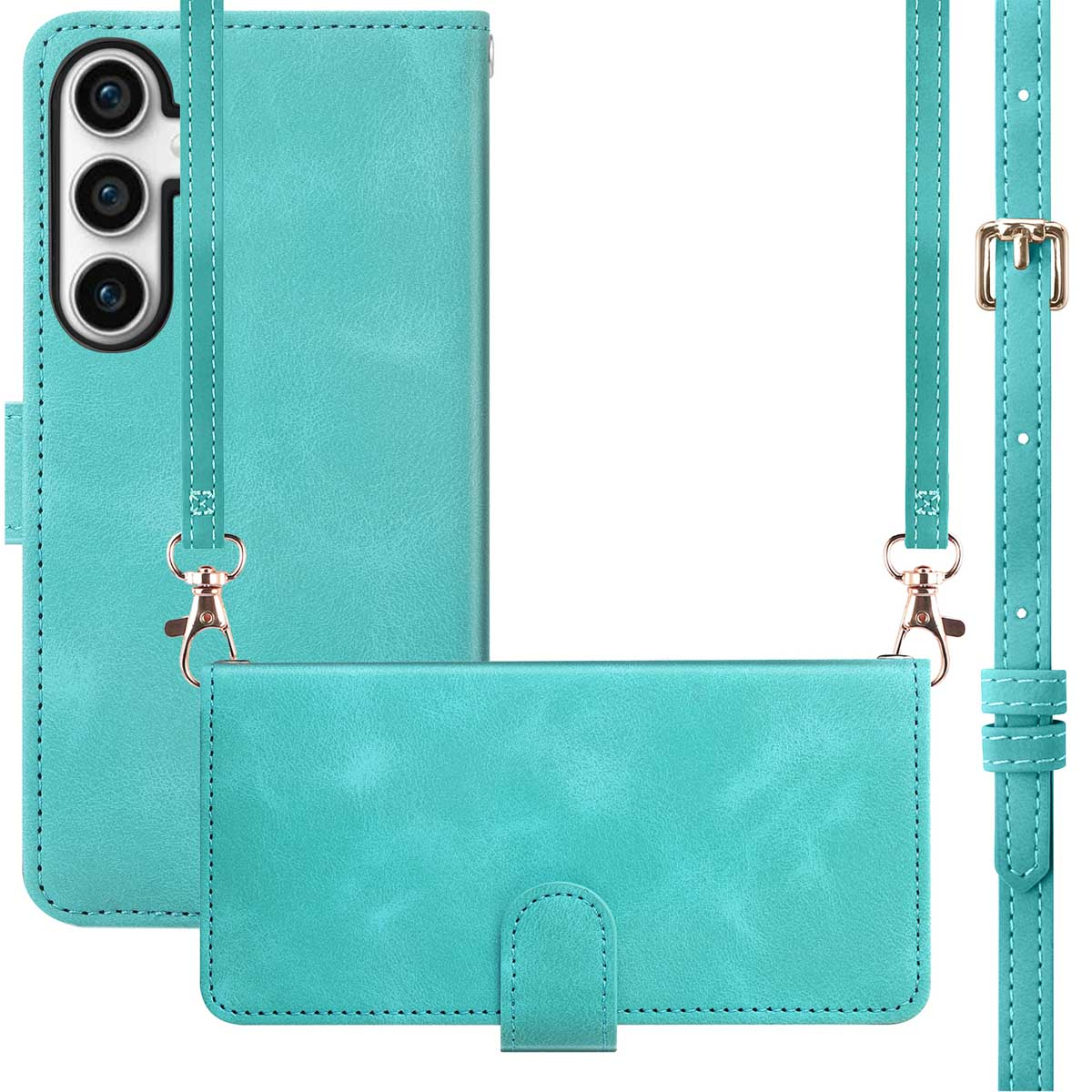 Teal telefoonhoesje met crossbody riem, toont de hoes en een afneembare portemonnee.
