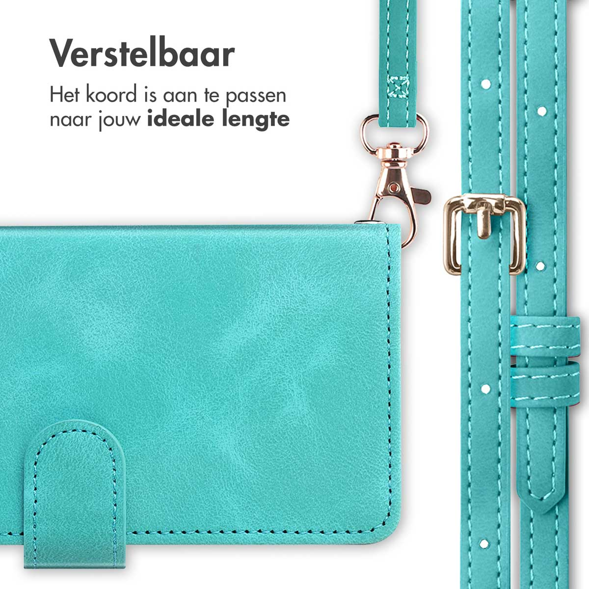 Turquoise telefoonhoes met een riem. De riem is verstelbaar. Witte achtergrond.