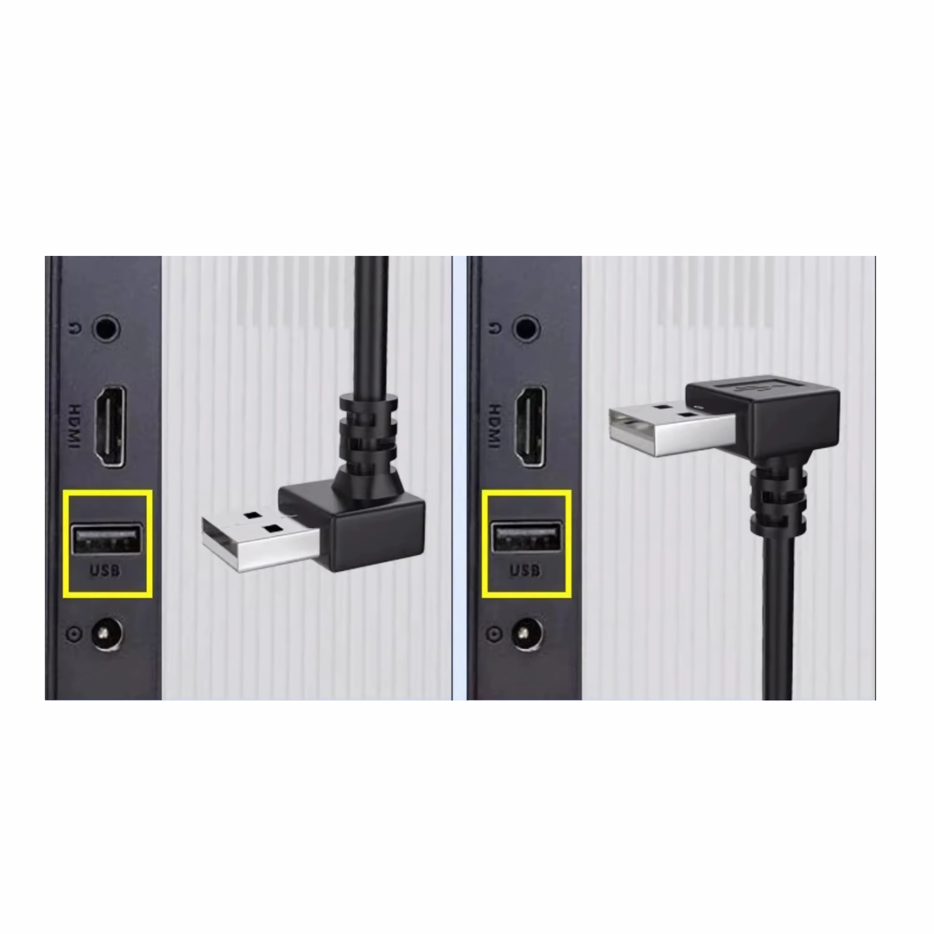 Zwei USB-Anschlüsse. Einer ist gerade, der andere ein abgewinkelter Adapter.
