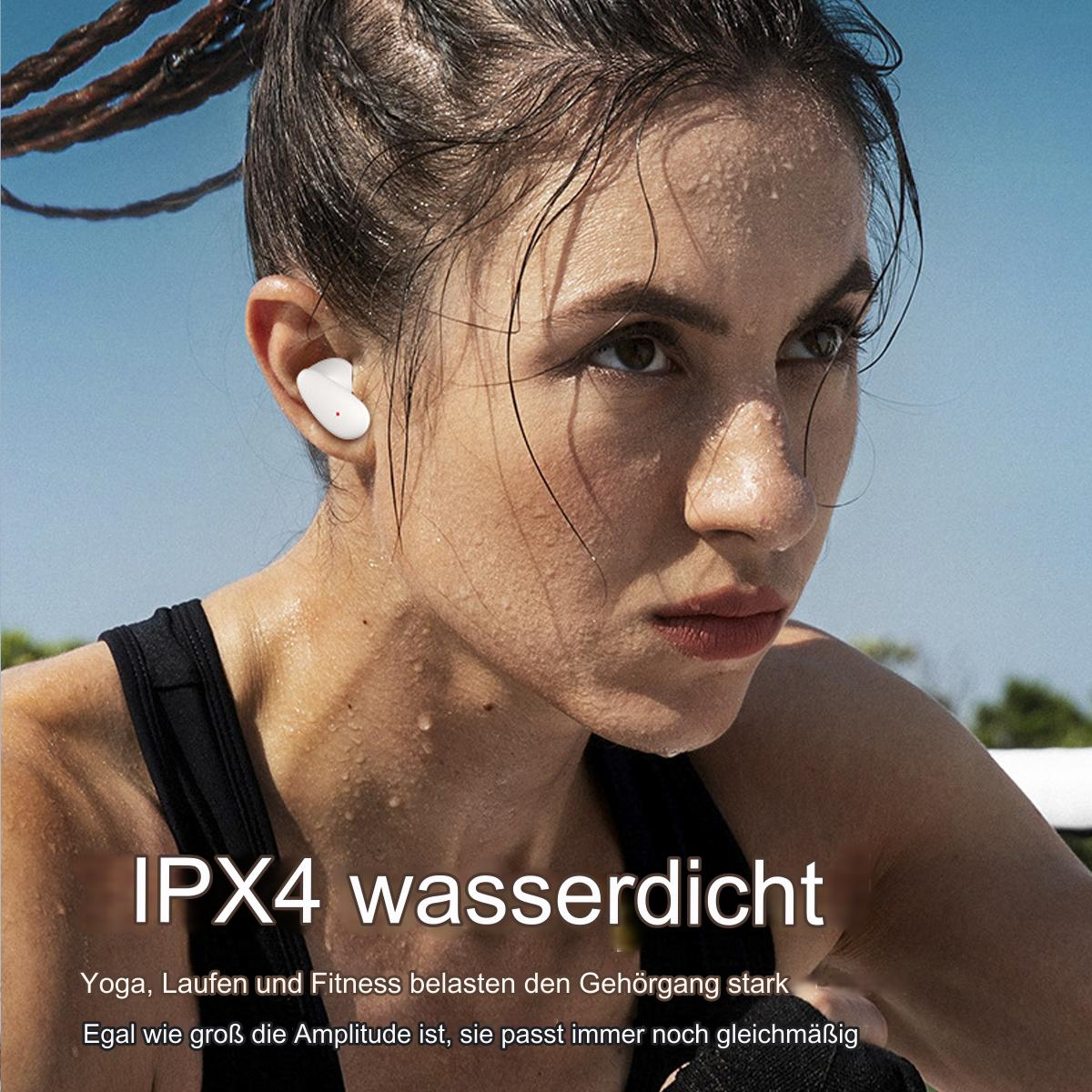 Eine Frau mit Ohrhörern. Text: IPX4 wasserdicht. Yoga, Laufen und Fitness belasten die Ohren.