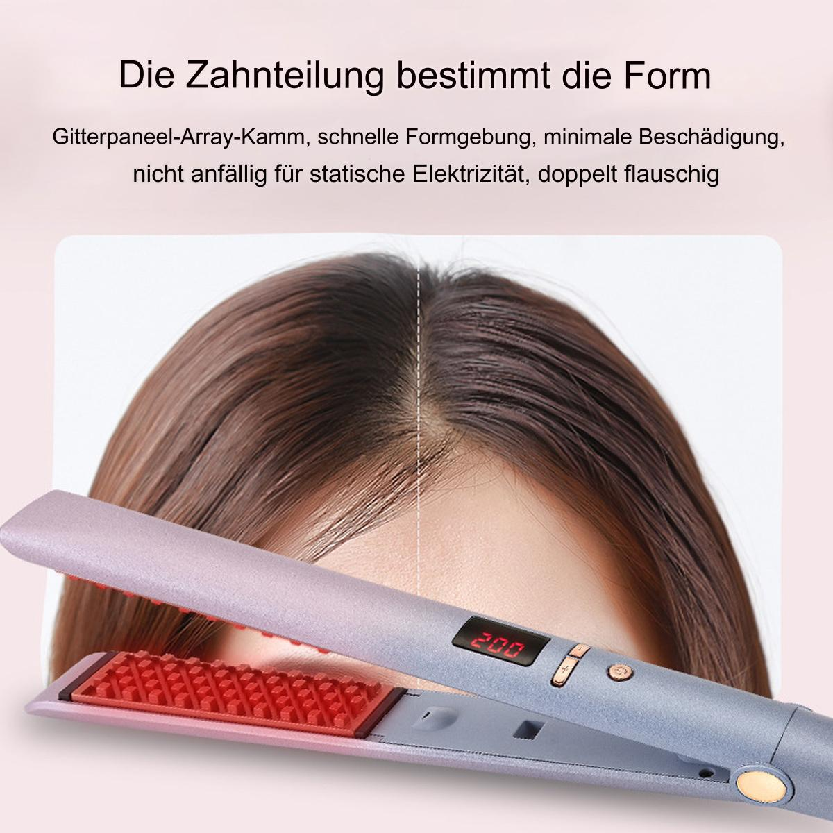 Haarglätter mit roten Zähnen auf dem Haar einer Frau. Ein Display zeigt '200'. Der Text erwähnt '200'.