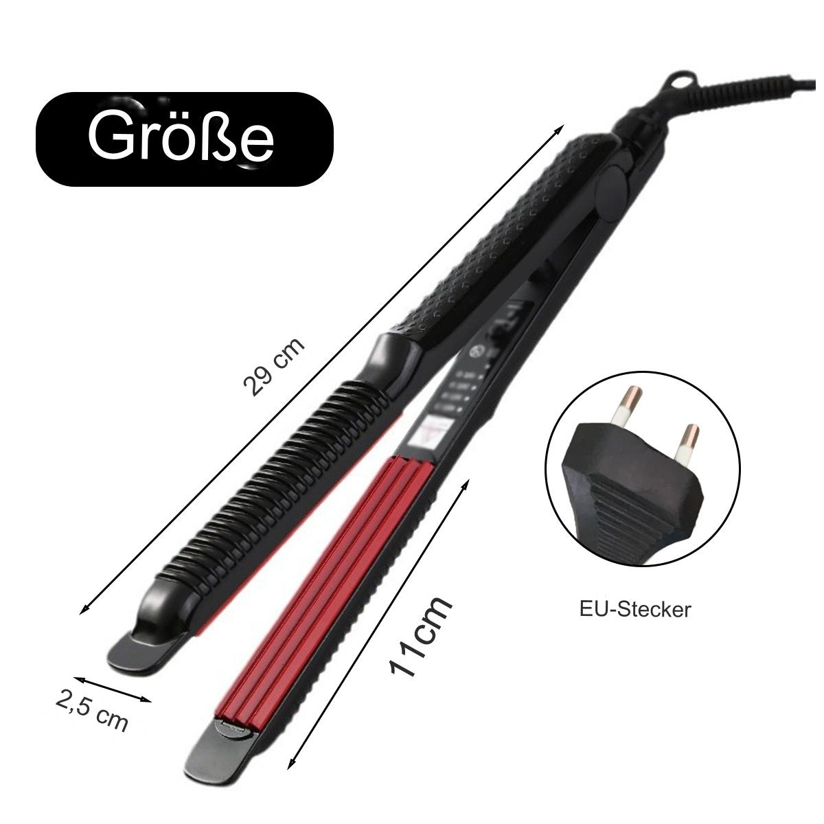 Ein schwarz-rotes Haarglätteisen mit Maßen und EU-Stecker.