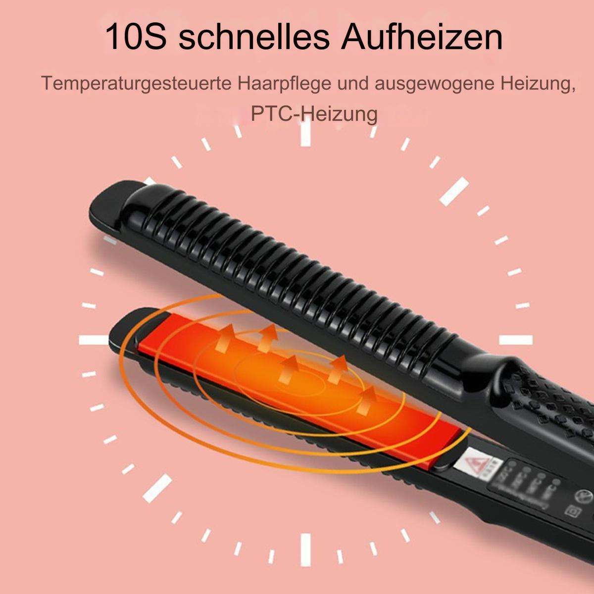 Ein schwarz-rotes Glätteisen mit einem orangefarbenen, glühenden Heizelement. Der Hintergrund ist weiß.