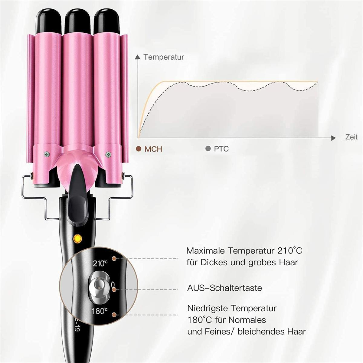 Pink-schwarzes Lockenwickeleisen mit Temperatureinstellungen und einem Diagramm, das die Wärme über die Zeit zeigt.