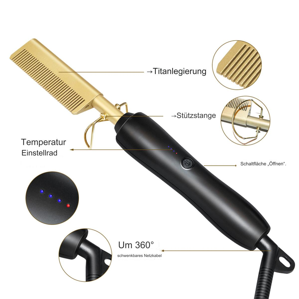 Haarglätter mit goldenem Kamm und schwarzem Griff. Etiketten weisen auf Funktionen hin.