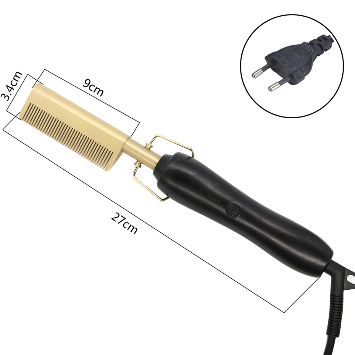 Haarglätter mit goldfarbenem Kamm und schwarzem Griff. Abmessungen sind an der Seite angegeben.