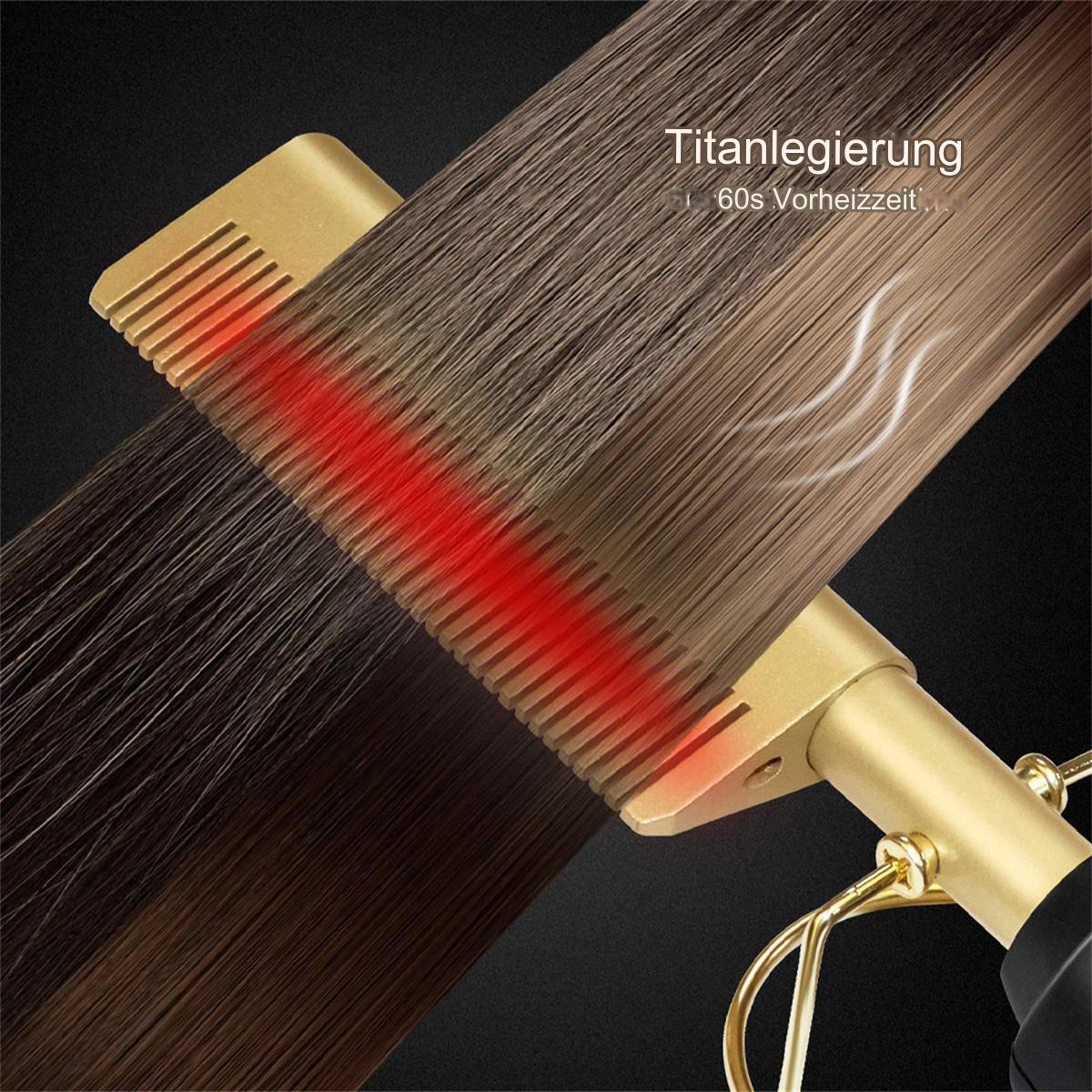 Ein goldfarbener Haarglätter, bei dem Haare geglättet werden. Rotes Leuchten zeigt Hitze an.