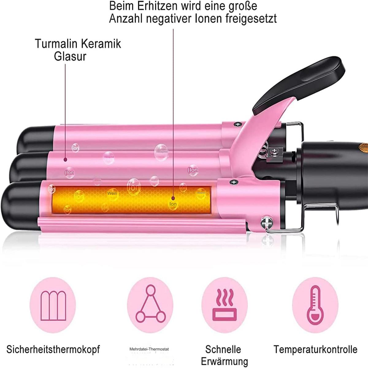 Pinker Haarlockenwickler mit schwarzen Enden. Textbeschriftungen und Symbole sind vorhanden.