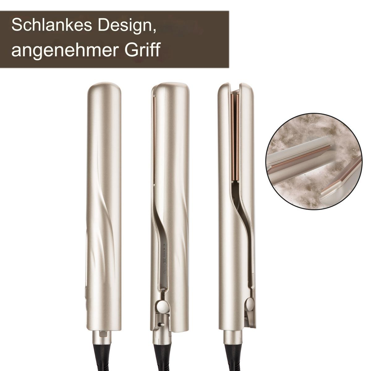 Drei silberne Haarglätter mit schwarzen Kabeln.