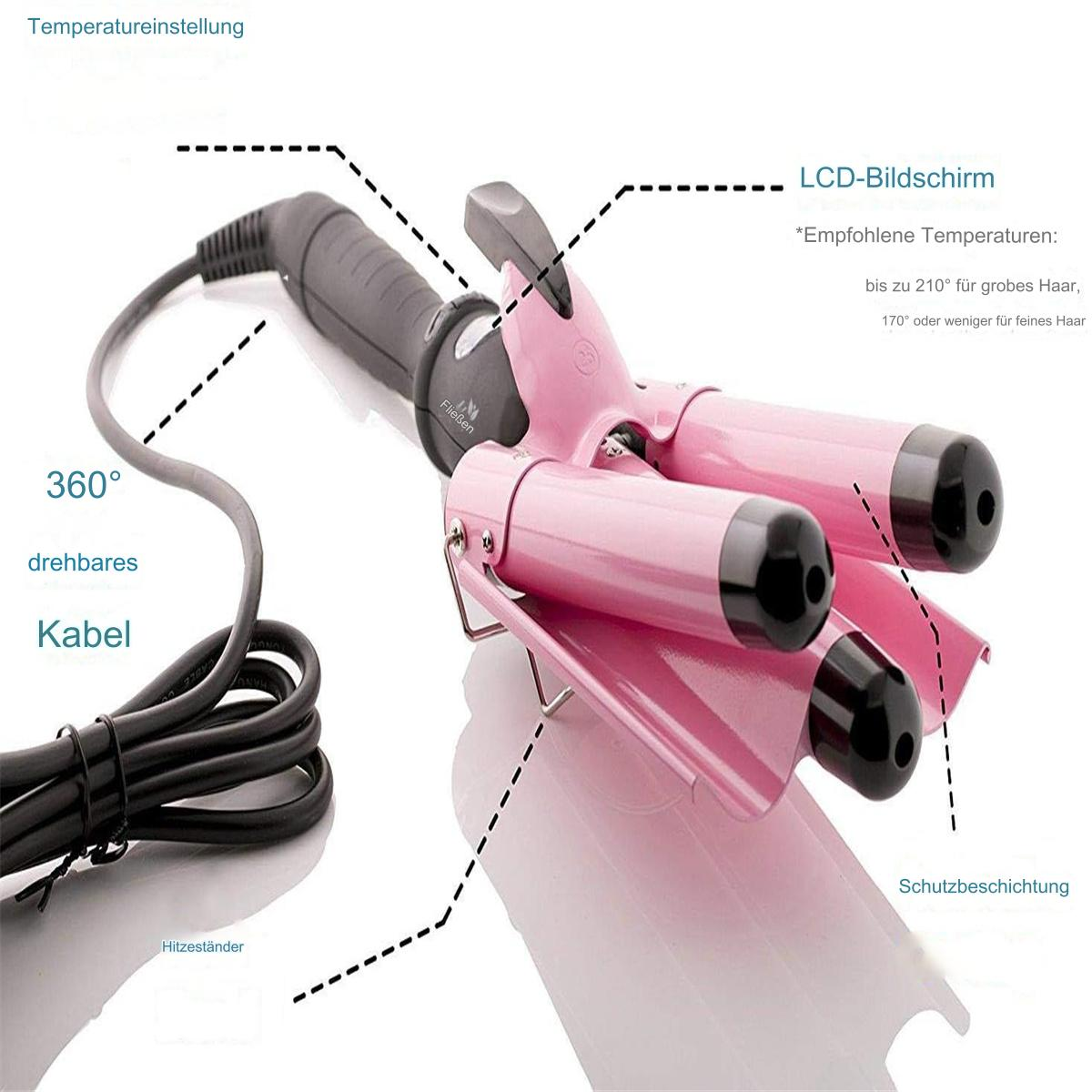 Pinker Lockenstab mit schwarzem Griff und Kabel. Beschriftet: Temperatur, LCD-Bildschirm, 360°-Kabel und Hitzeständer.