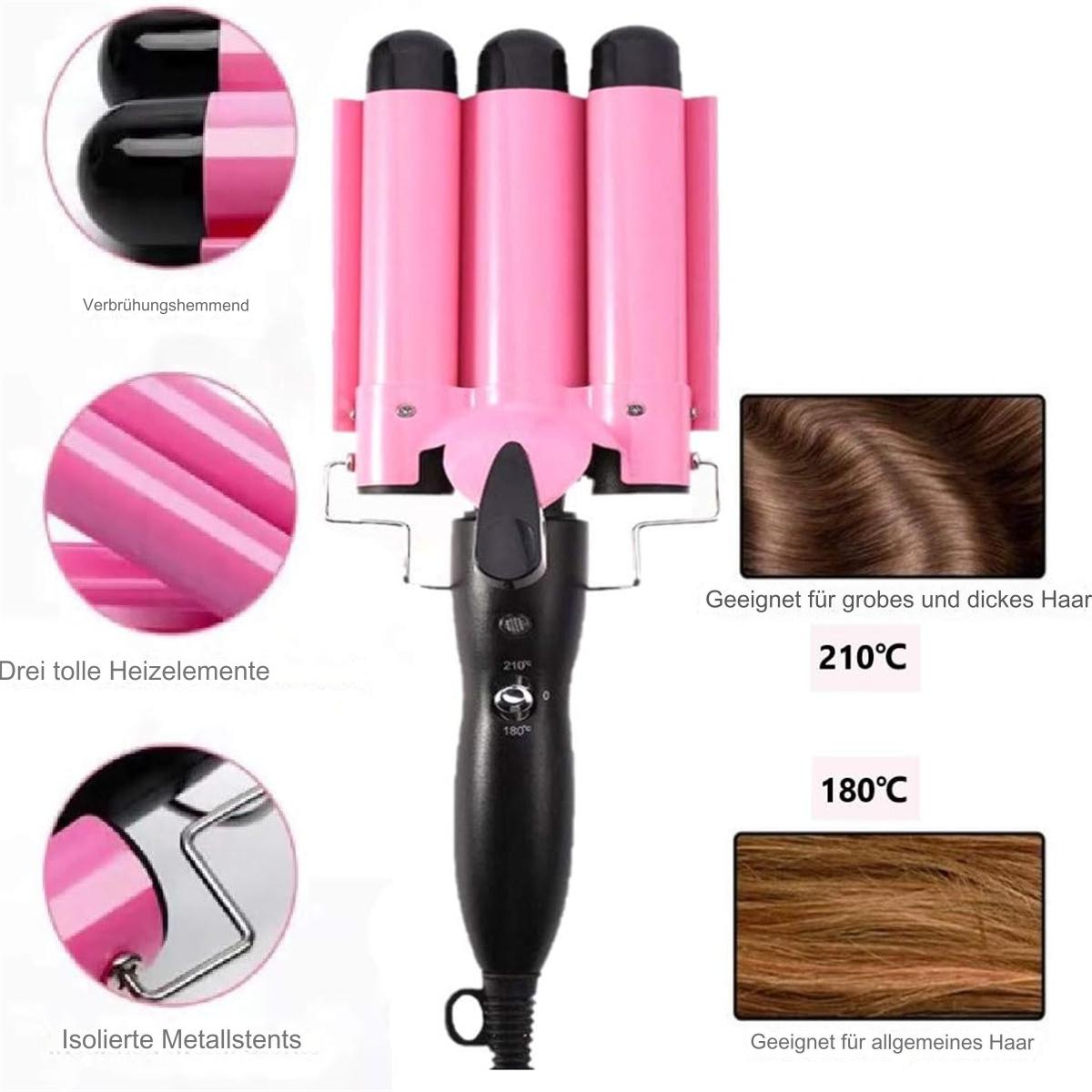 Pinker und schwarzer Haarcurler mit drei Fässern, mit Beispielen für Haarstrukturen und Temperaturen.