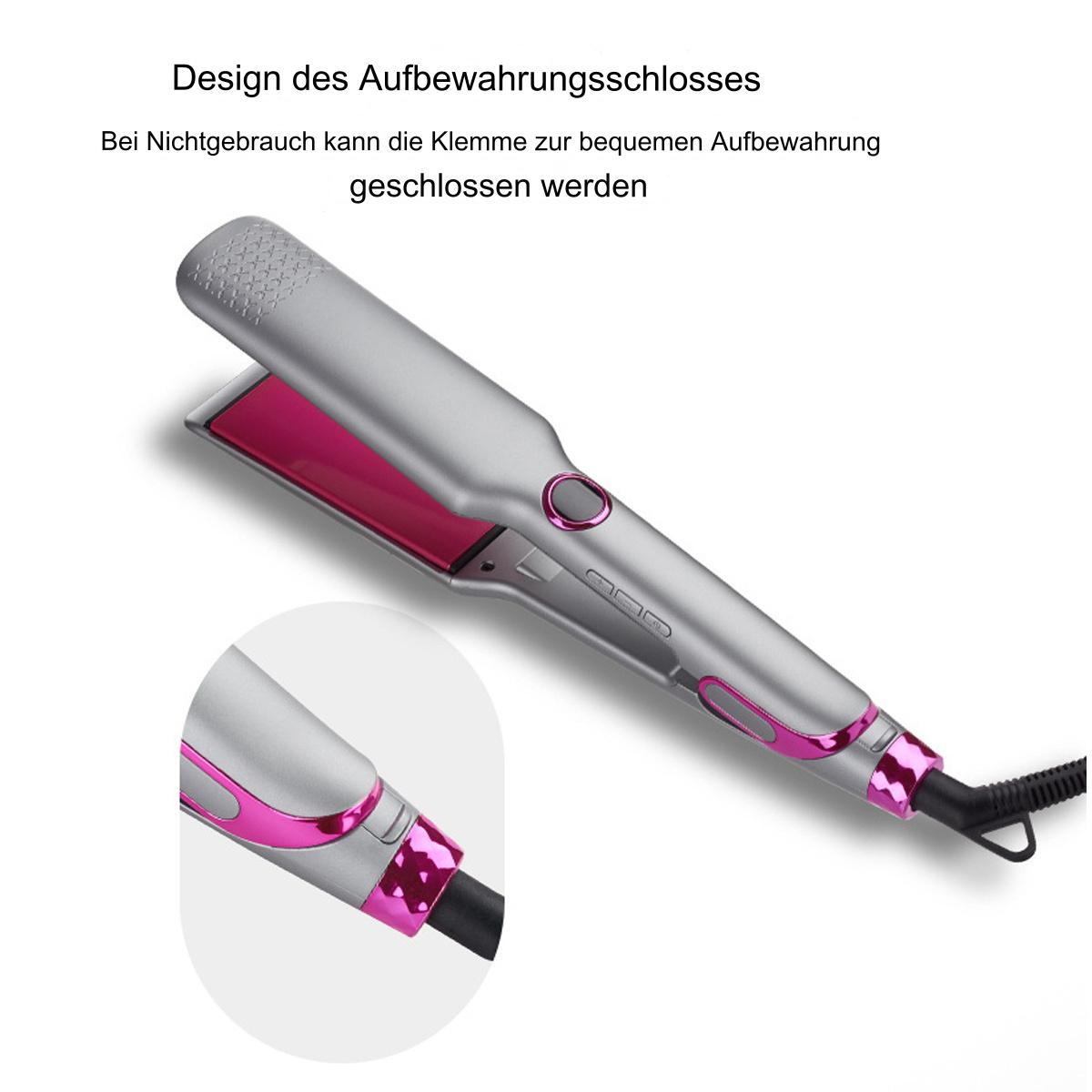 Silberner Haarglätter mit rosa Akzenten. Nahaufnahme des Glätteisens.