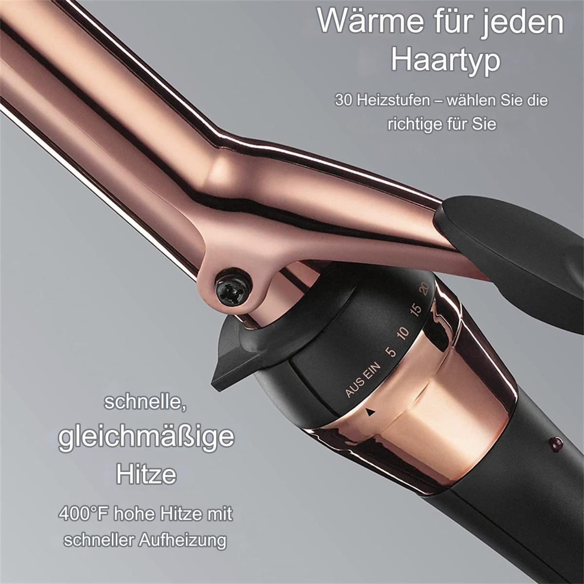 Roségoldener Lockenstab mit schwarzen Akzenten und Temperaturregler.