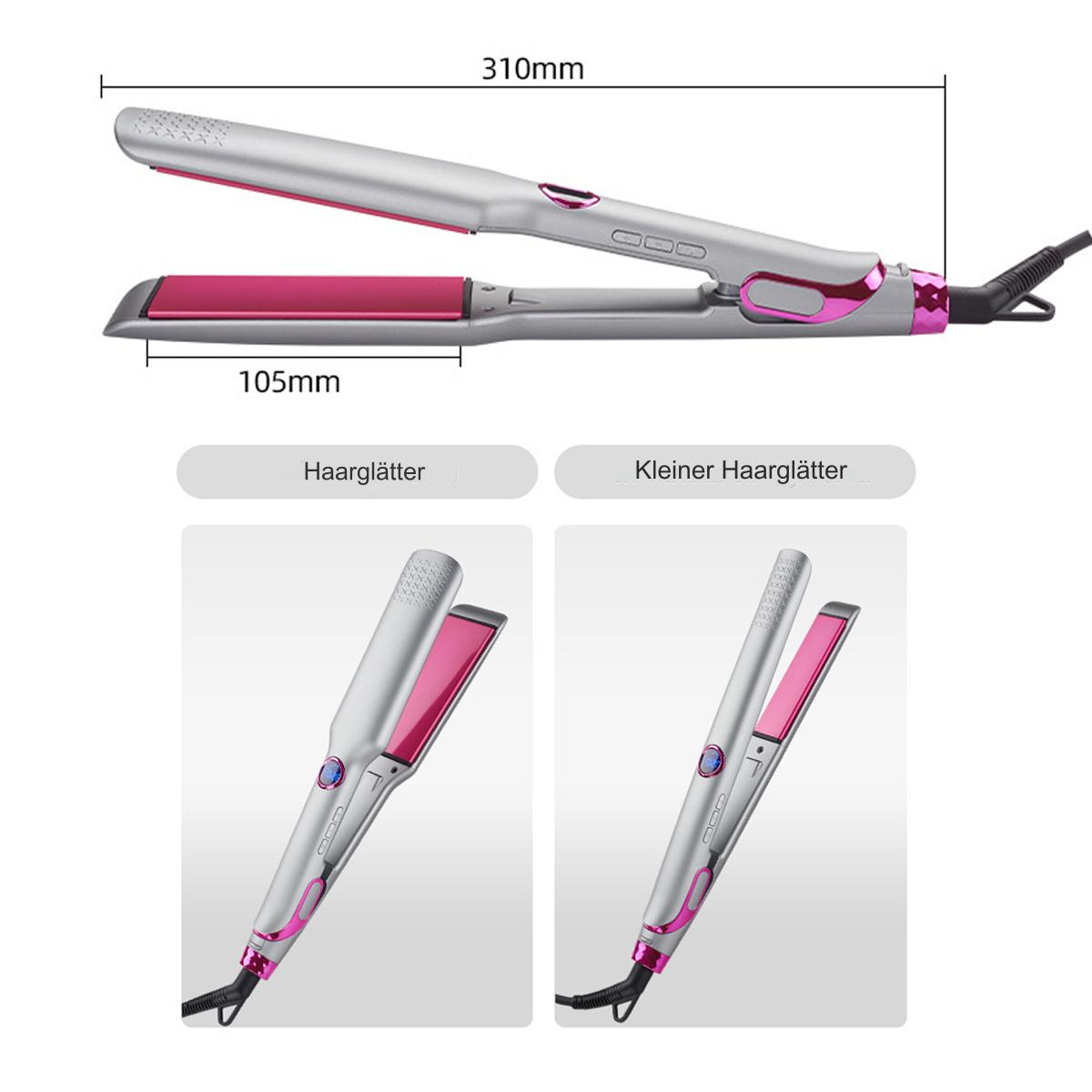 Haarglätter, zwei Ansichten: oben und Seite. Silbernes Gehäuse mit rosa Platten, Abmessungen werden gezeigt.