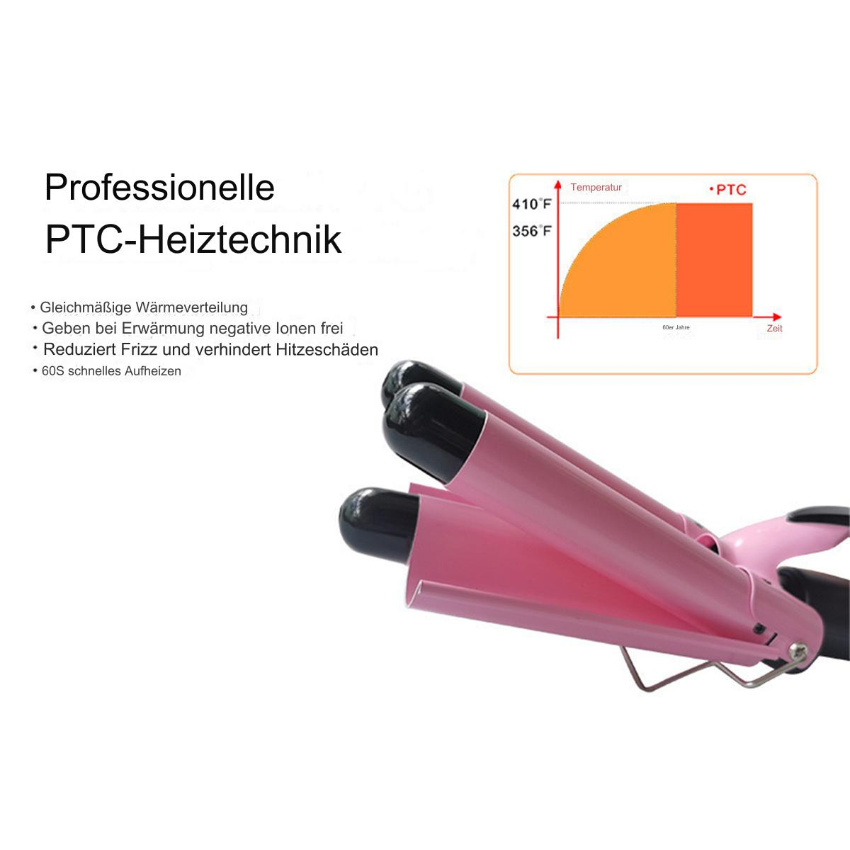 Rosa Lockenstab mit schwarzen Griffen. Ein Diagramm zeigt die Temperatur über die Zeit.