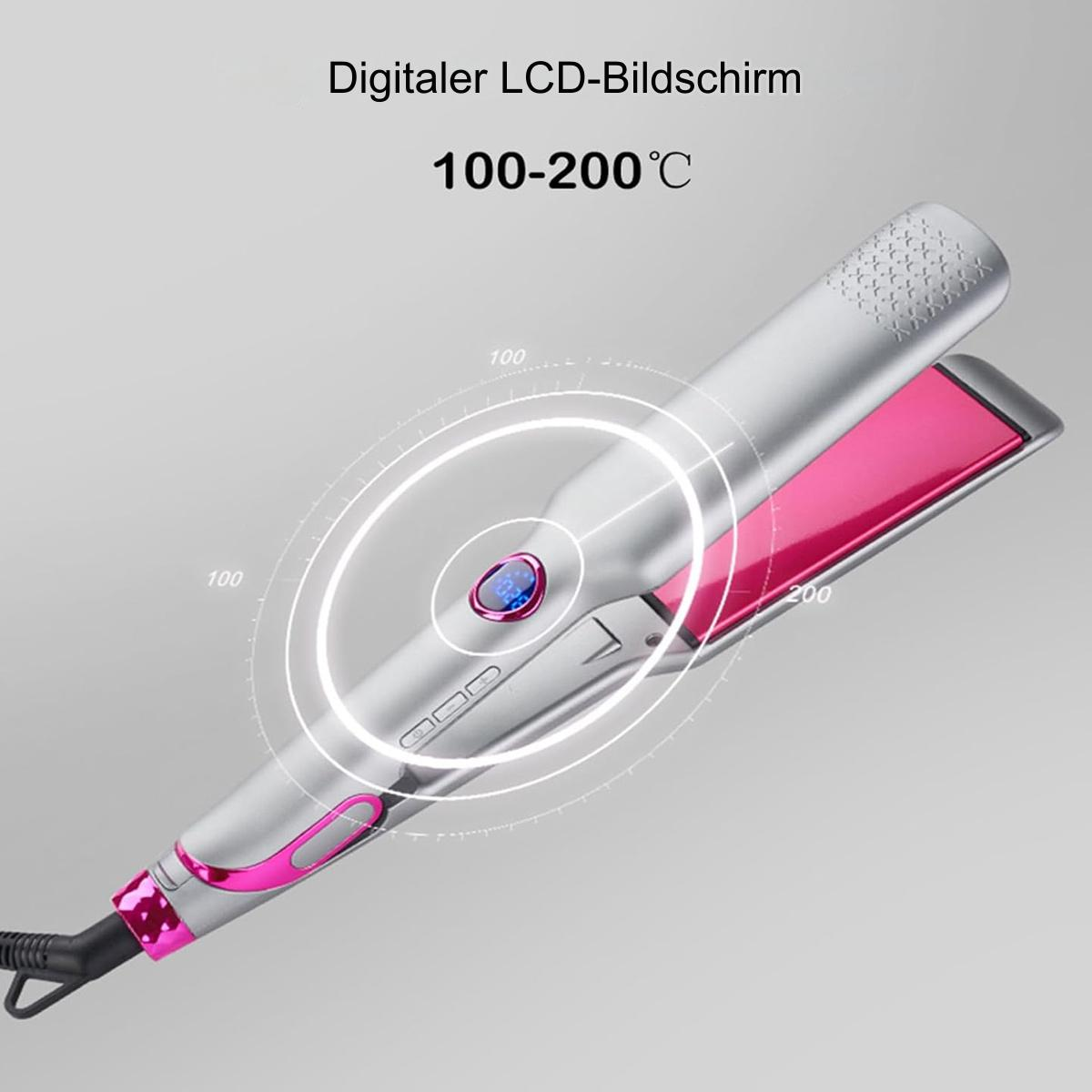 Silberner Haarglätter mit rosa Platten. Er hat einen LCD-Bildschirm und ist auf 100-200 Grad eingestellt.