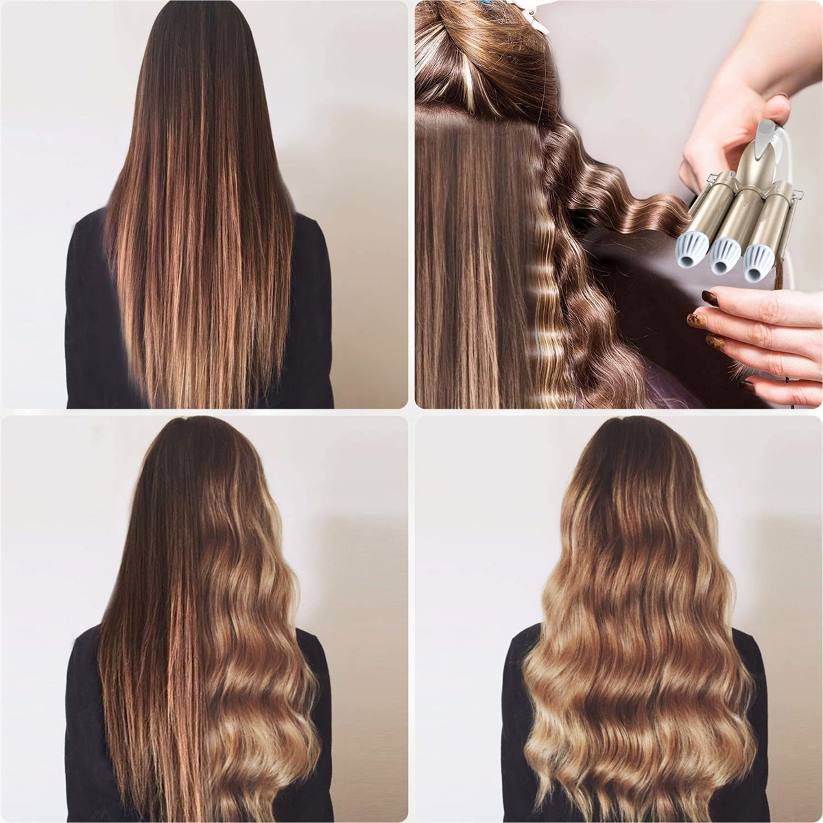Vier Bilder zeigen Haarstyling. Glattes braunes Haar wird mit einem Lockenstab gewellt. Das Ergebnis ist welliges Haar.