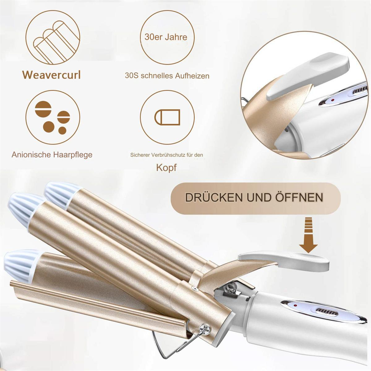 Lockenstab mit goldenen Zylindern und weißem Griff. Merkmale sind schnelles Aufheizen und sichere Verwendung.