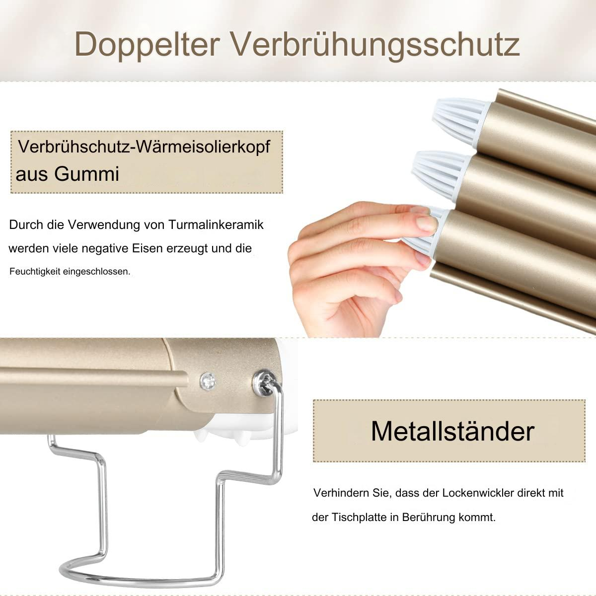 Nahaufnahme eines Lockenstabes mit goldfarbenen Heizelementen und einem silbernen Ständer.