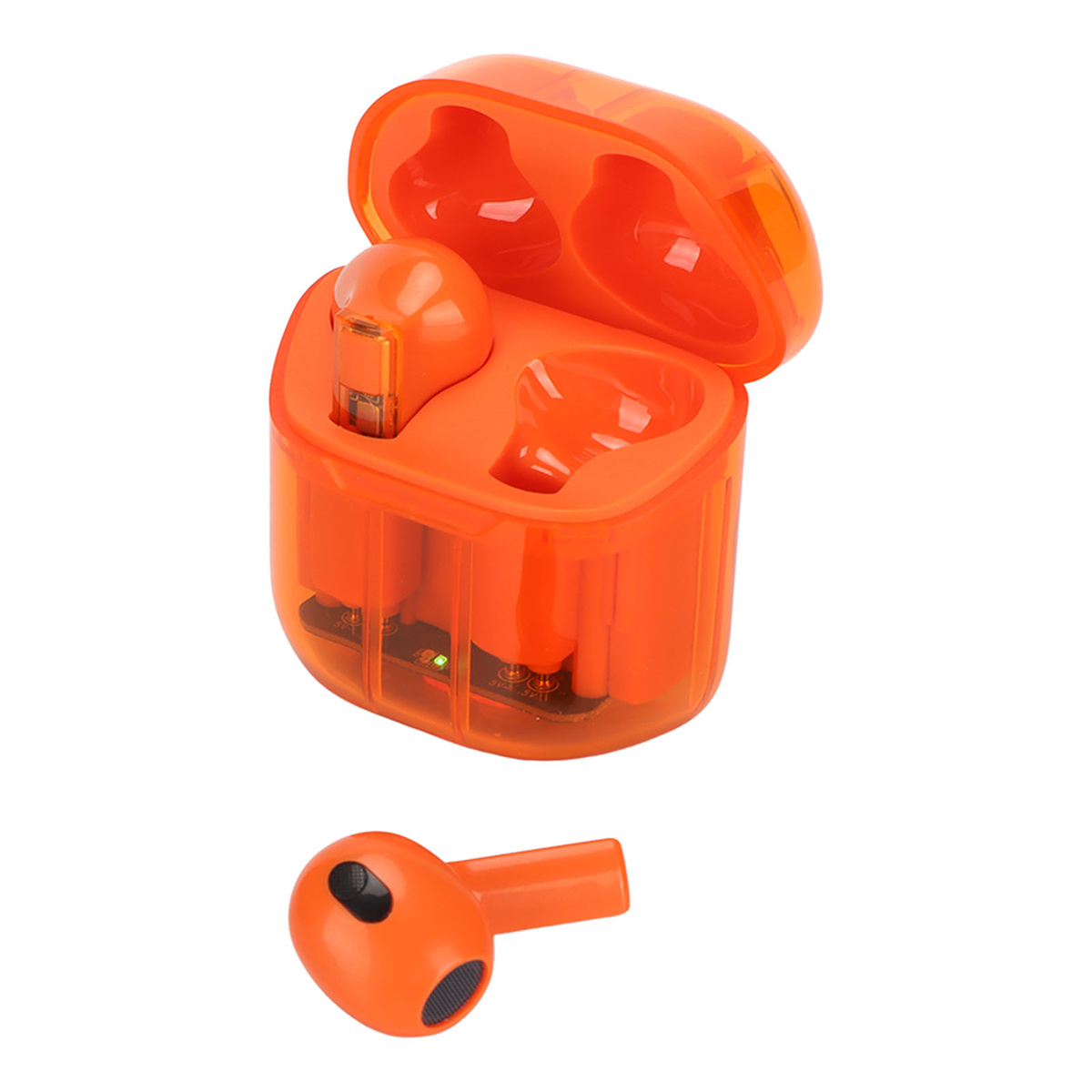 Orange kabellose Ohrhörer und Ladecase auf weißem Hintergrund.