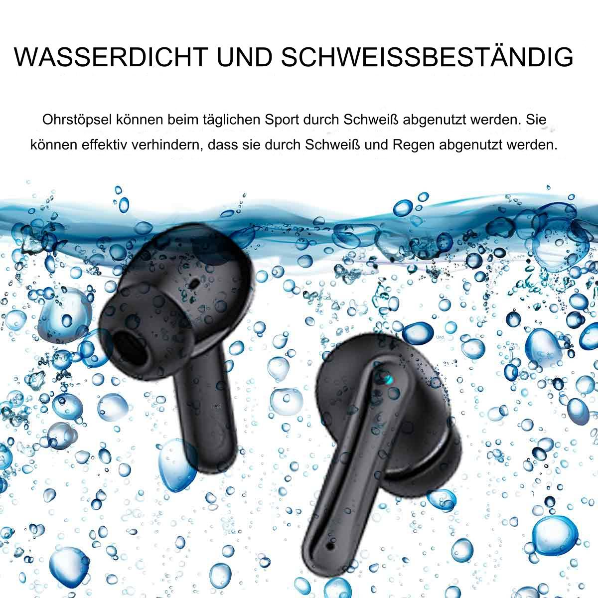 Schwarze Ohrhörer mit Wassertropfen-Hintergrund. Das Bild wirbt mit Schweiß- und Wasserbeständigkeit.