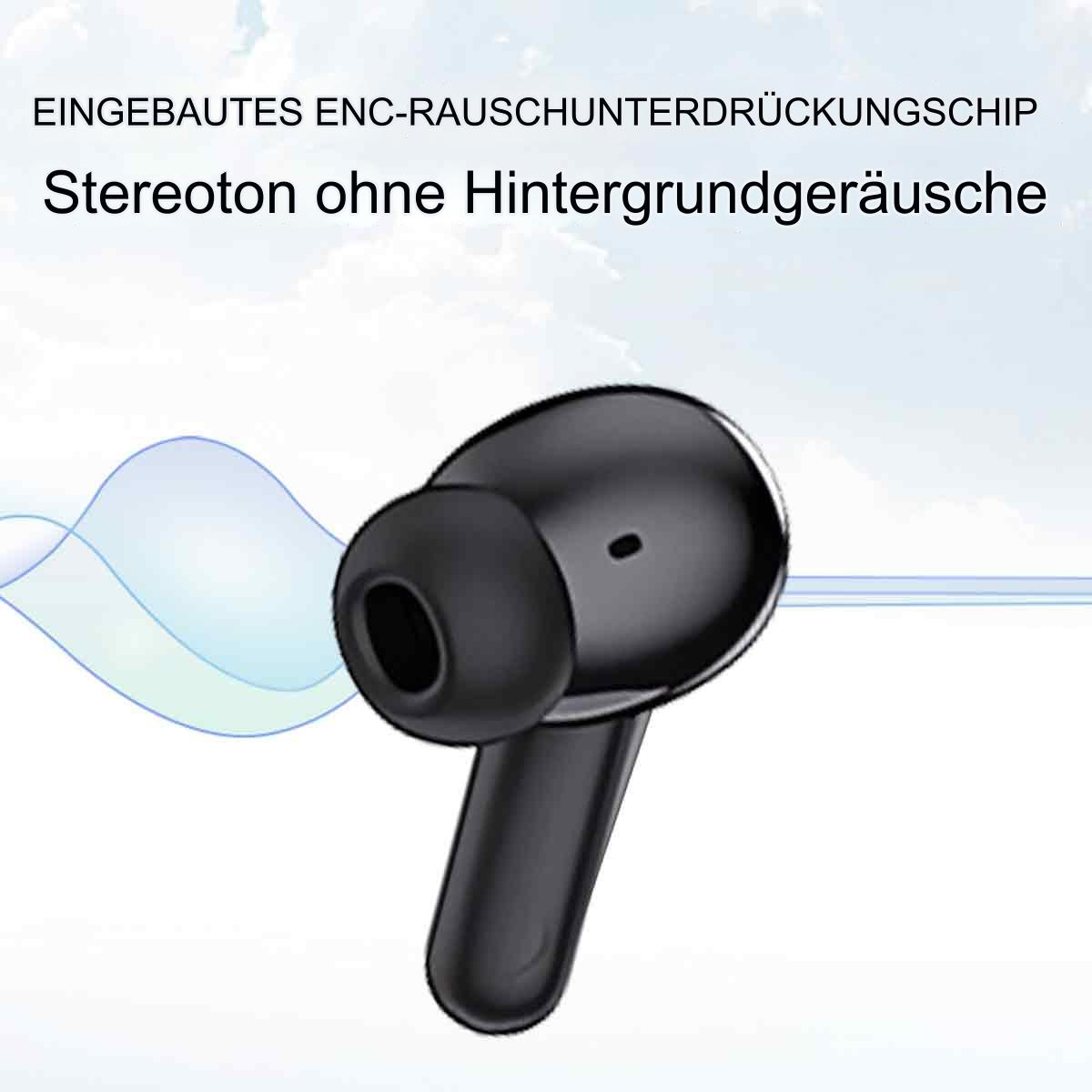 Ein schwarzer kabelloser Ohrhörer. Der Text oben lautet: Stereoklang ohne Hintergrundgeräusche.