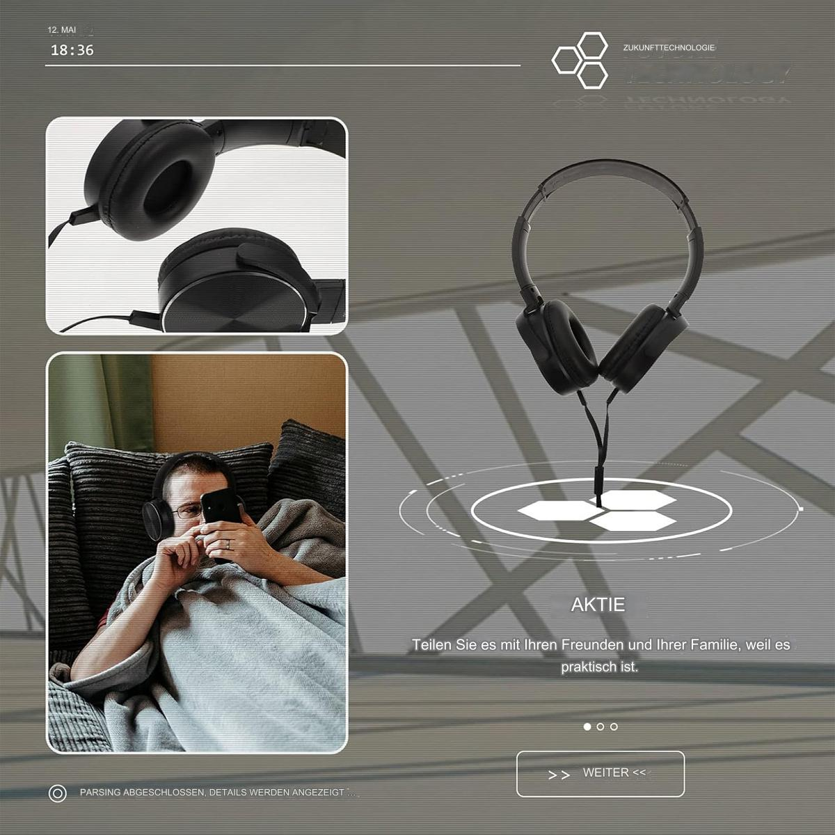 Kopfhörer und Mann mit Smartphone. Der Hintergrund ist eine technologische Grafik.