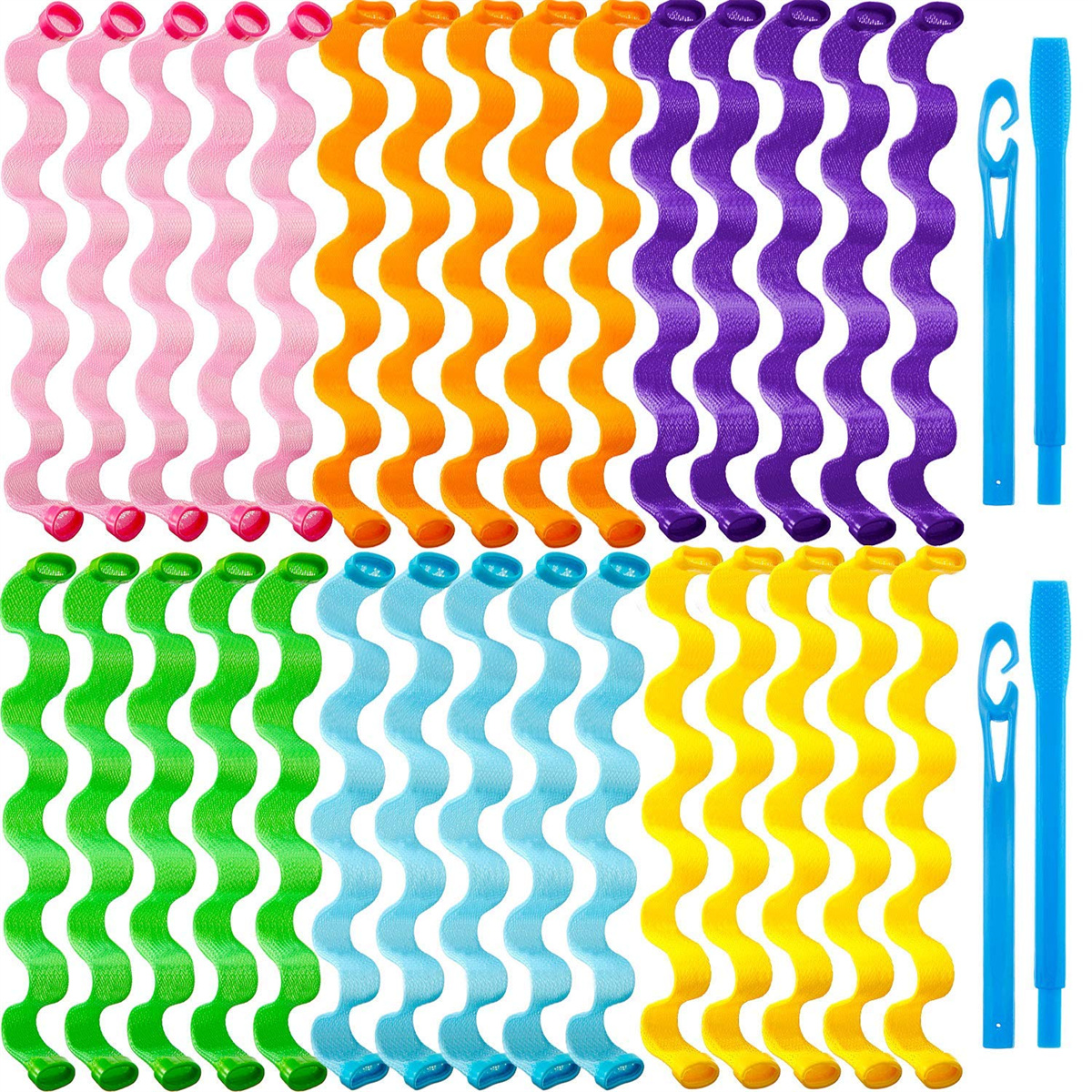 Ein Set bunter Haar-Lockenwickler und Styling-Tools auf weißem Hintergrund.