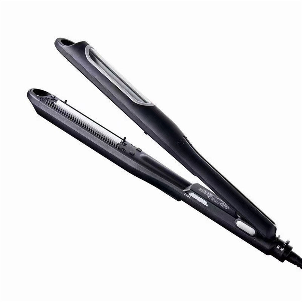 Ein schwarzer Haarglätter auf einer weißen Oberfläche. Der Glätter ist geöffnet.