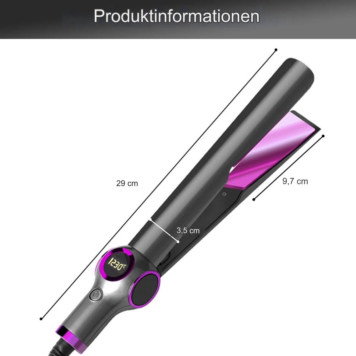 Ein schwarz-violettes Glätteisen mit Digitalanzeige, beschriftet mit Abmessungen.