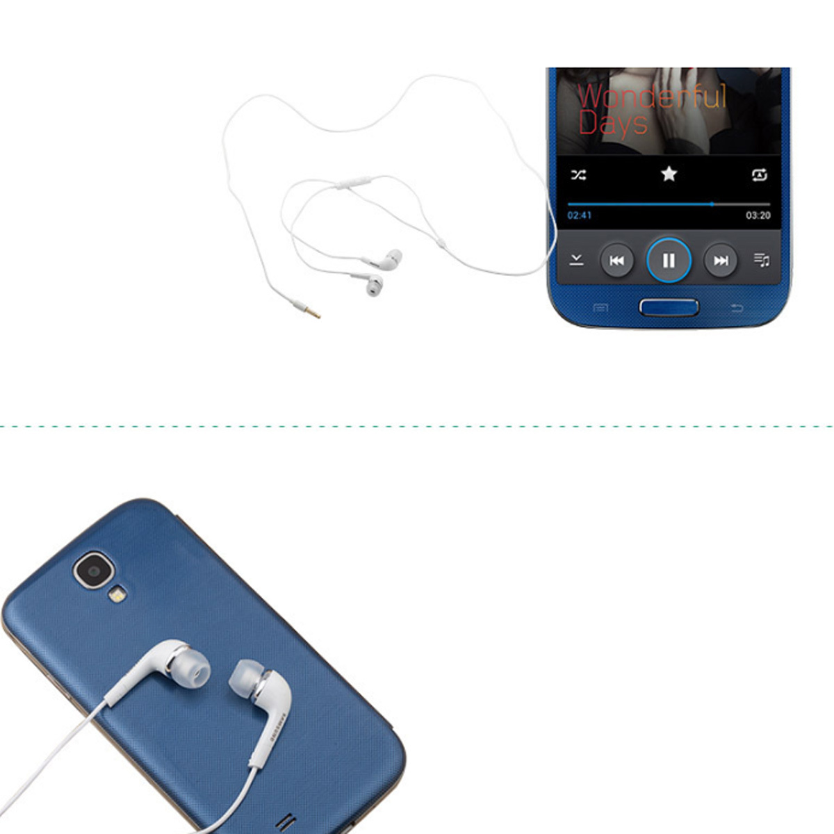 Zwei Telefone mit weißen Kopfhörern. Eines spielt Musik, das andere hat die Kopfhörer eingesteckt.