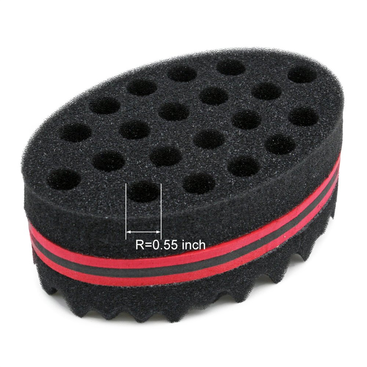 Schwarzer Haarschaumschwamm. Er ist oval mit Löchern und roten Streifen.