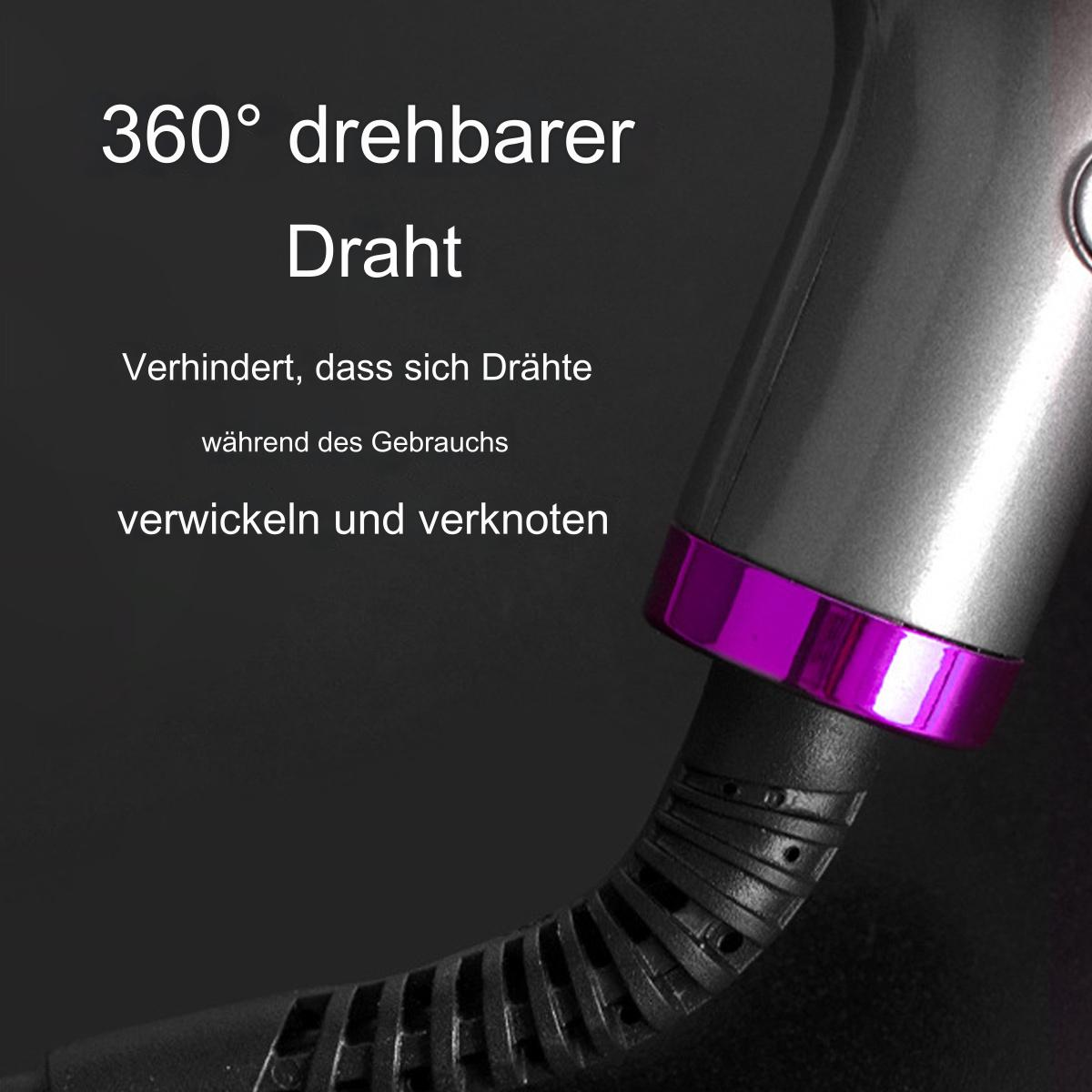 Ein Haartrockner mit lila Akzent und schwarzem, strukturiertem Kabel vor dunklem Hintergrund.