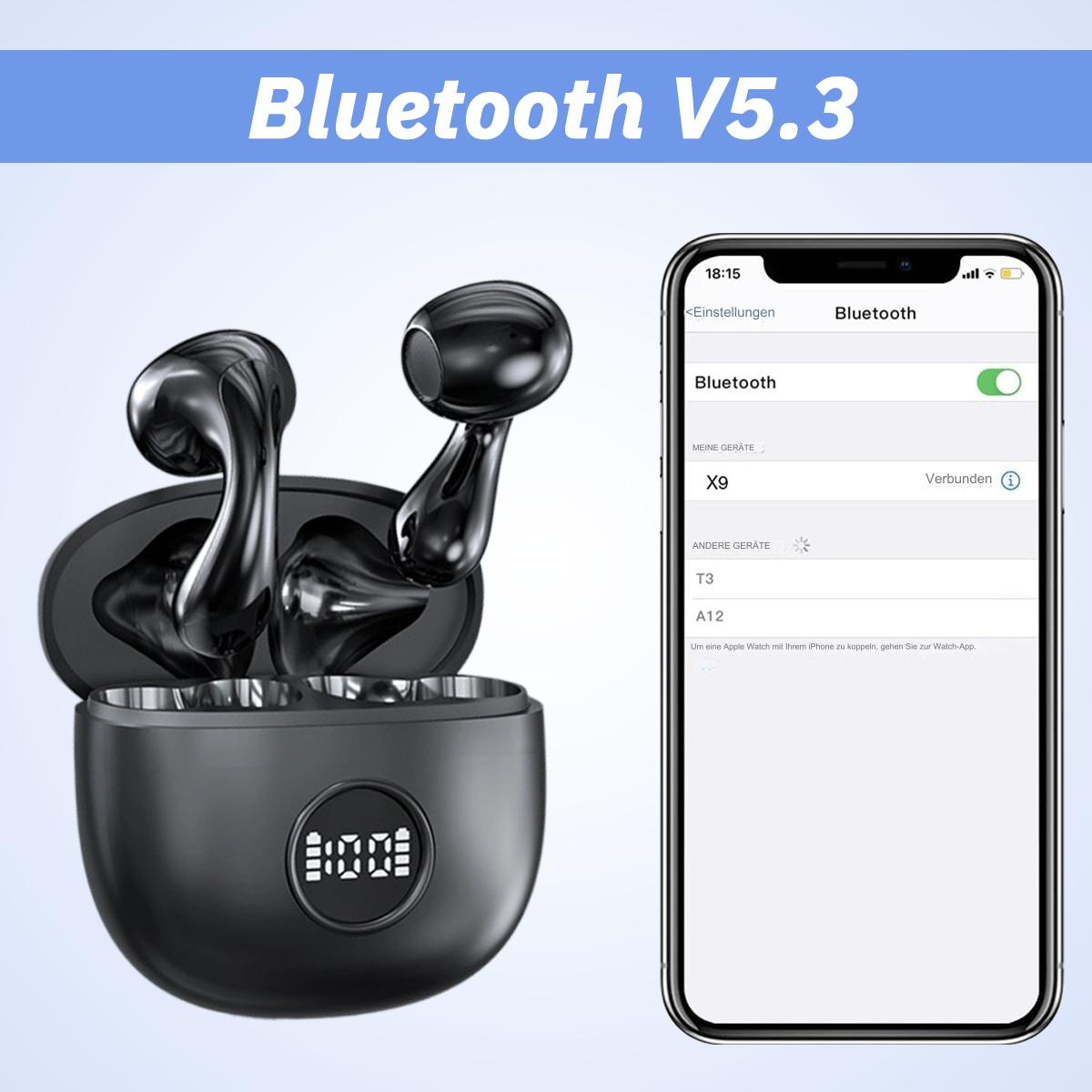 Schwarze Ohrhörer in einem Ladeetui neben einem Smartphone, das Bluetooth-Einstellungen anzeigt, mit verbundenem X9.