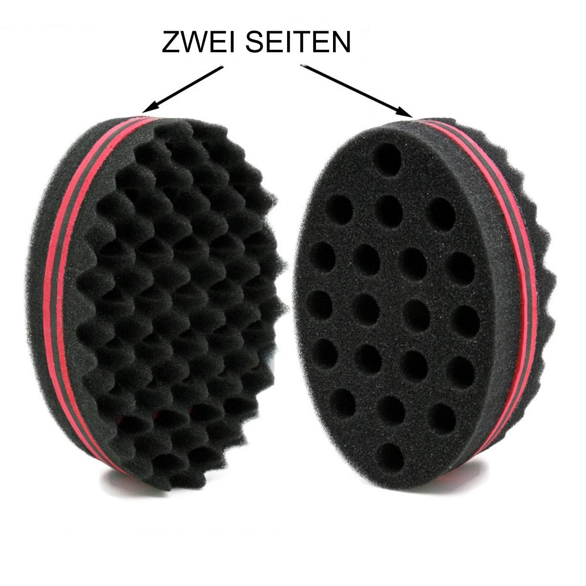 Zwei schwarze Schwamm-Haartwist-Werkzeuge mit roten Streifen, eines offen, eines geschlossen.