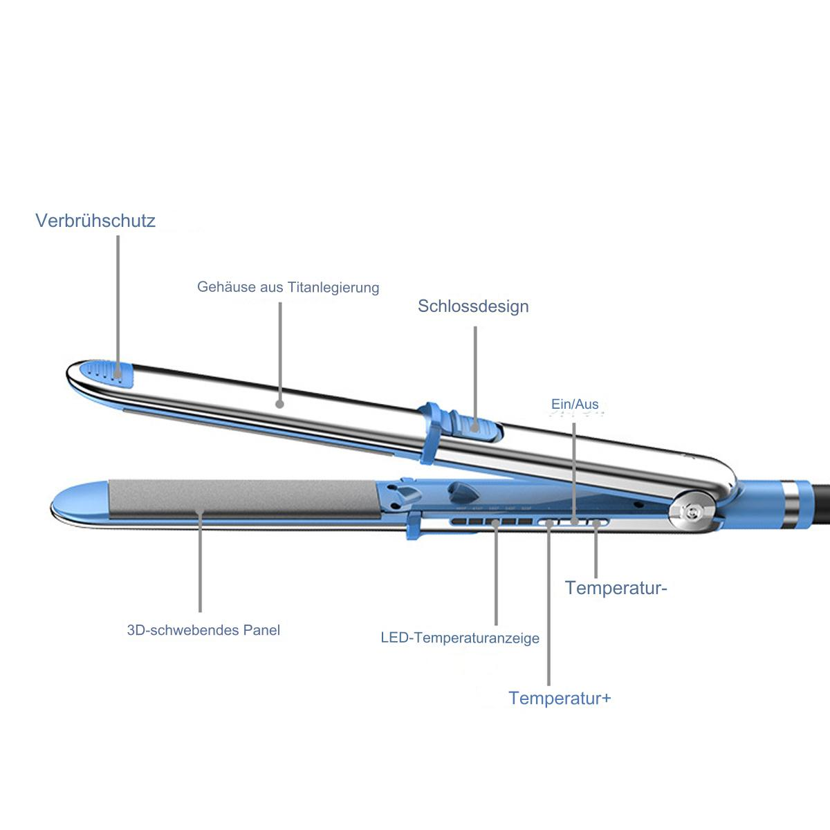 Haarglätter, blau und silber. Geöffnet, zeigt Platten und Einstellungen. Etiketten sichtbar.