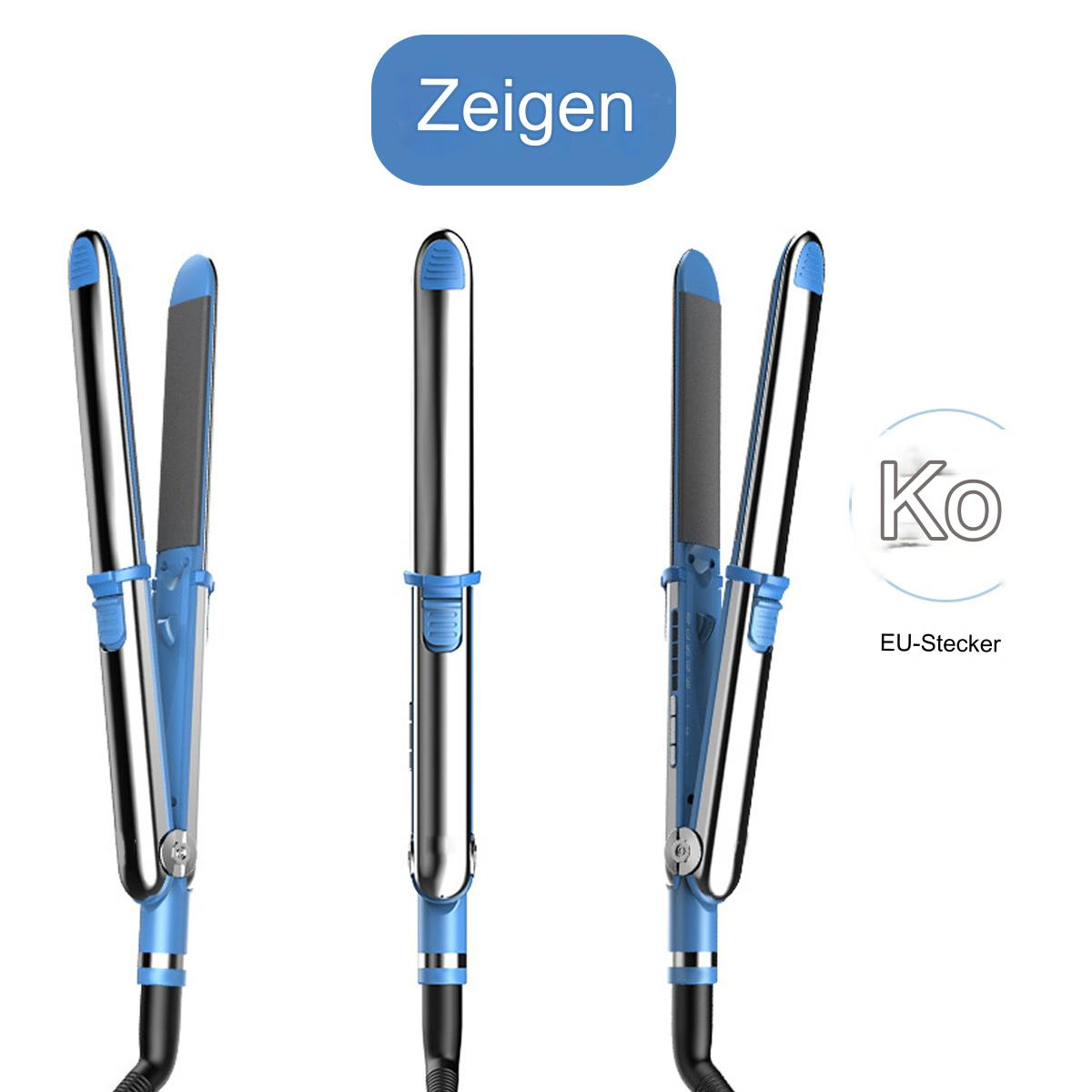 Drei Haarglätter mit blauen und silbernen Details. Sie befinden sich auf weißem Hintergrund.