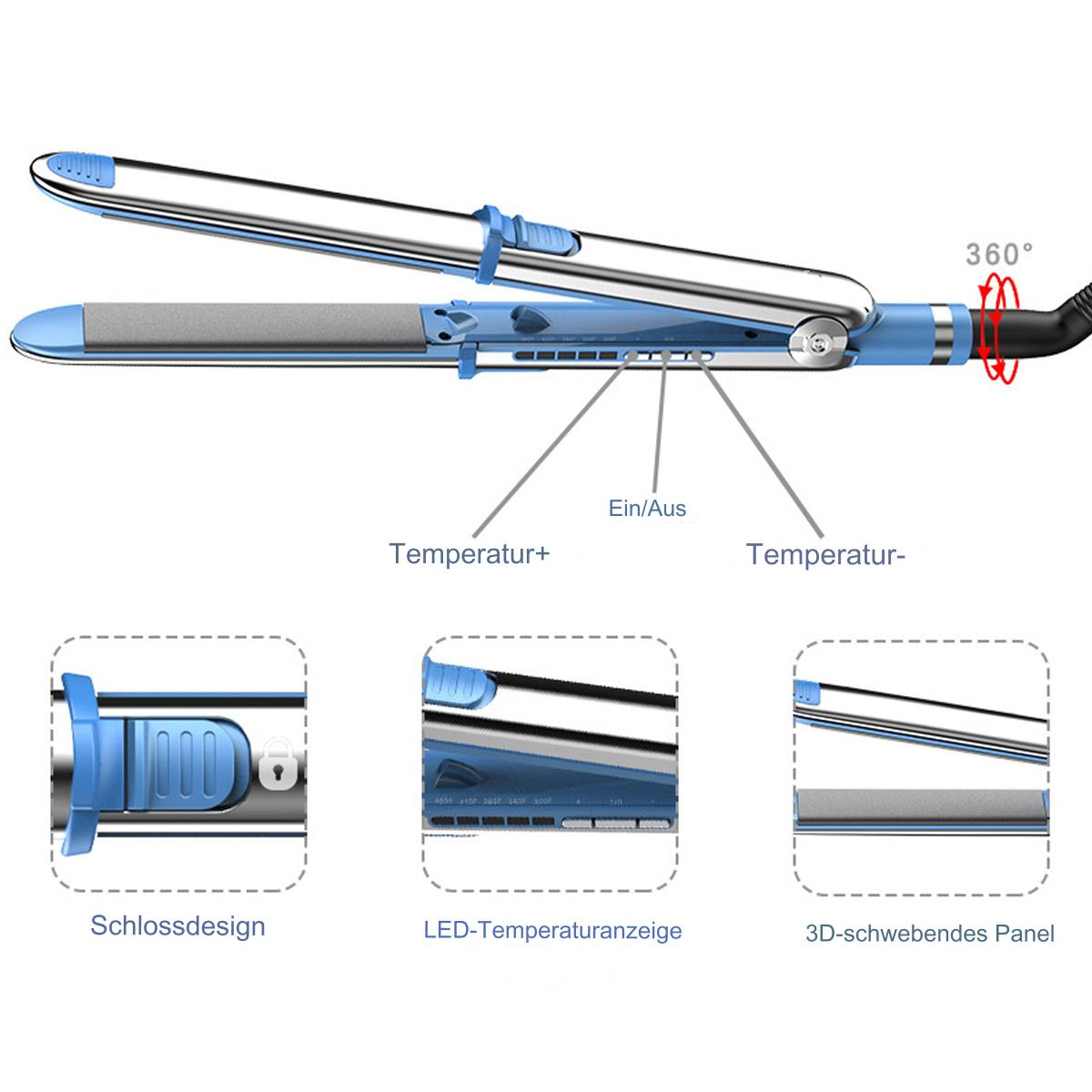 Ein blau-silberner Haarglätter mit Beschriftungen und Diagrammen, einschließlich Temperaturreglern.