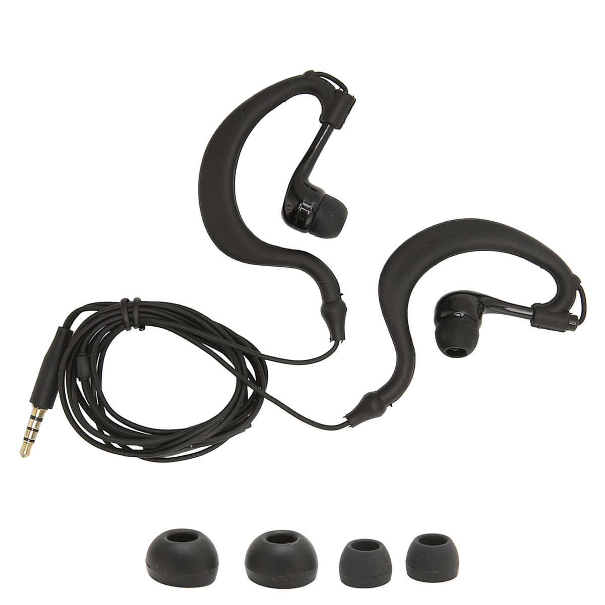 Schwarze Ohrhörer mit Kabel und zusätzlichen Ohrstöpseln. Sie haben ein Haken-Design, um über die Ohren zu passen.