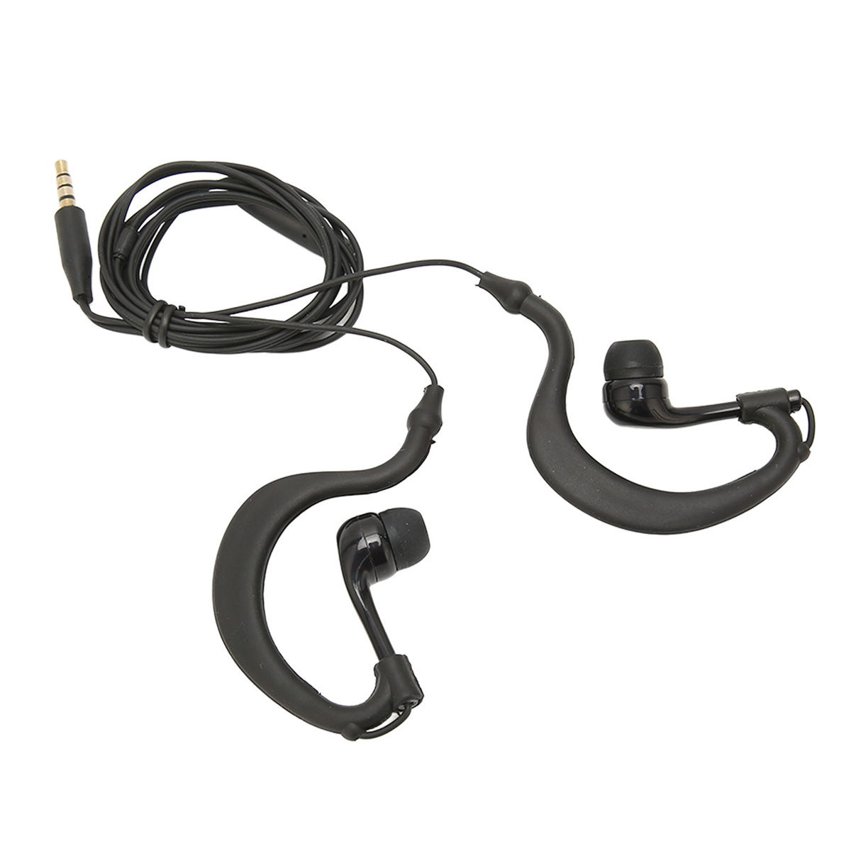 Zwei schwarze Kopfhörerhaken mit In-Ear-Knospen und einem Kabel mit Klinke.