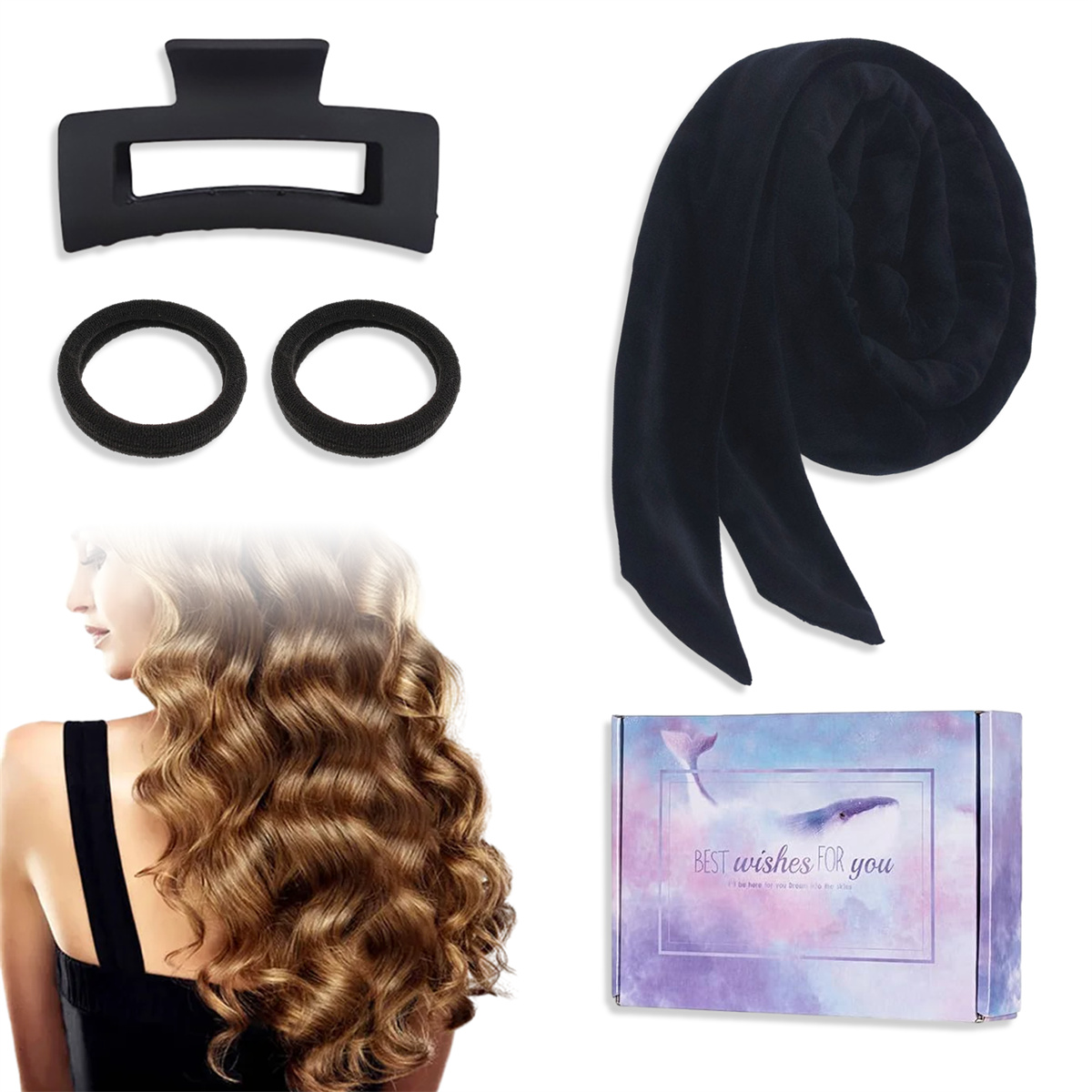 Haar-Accessoires: schwarzer Krallenclip, zwei Haargummis, schwarzes Lockenband und eine Box. Frau mit welligem Haar.