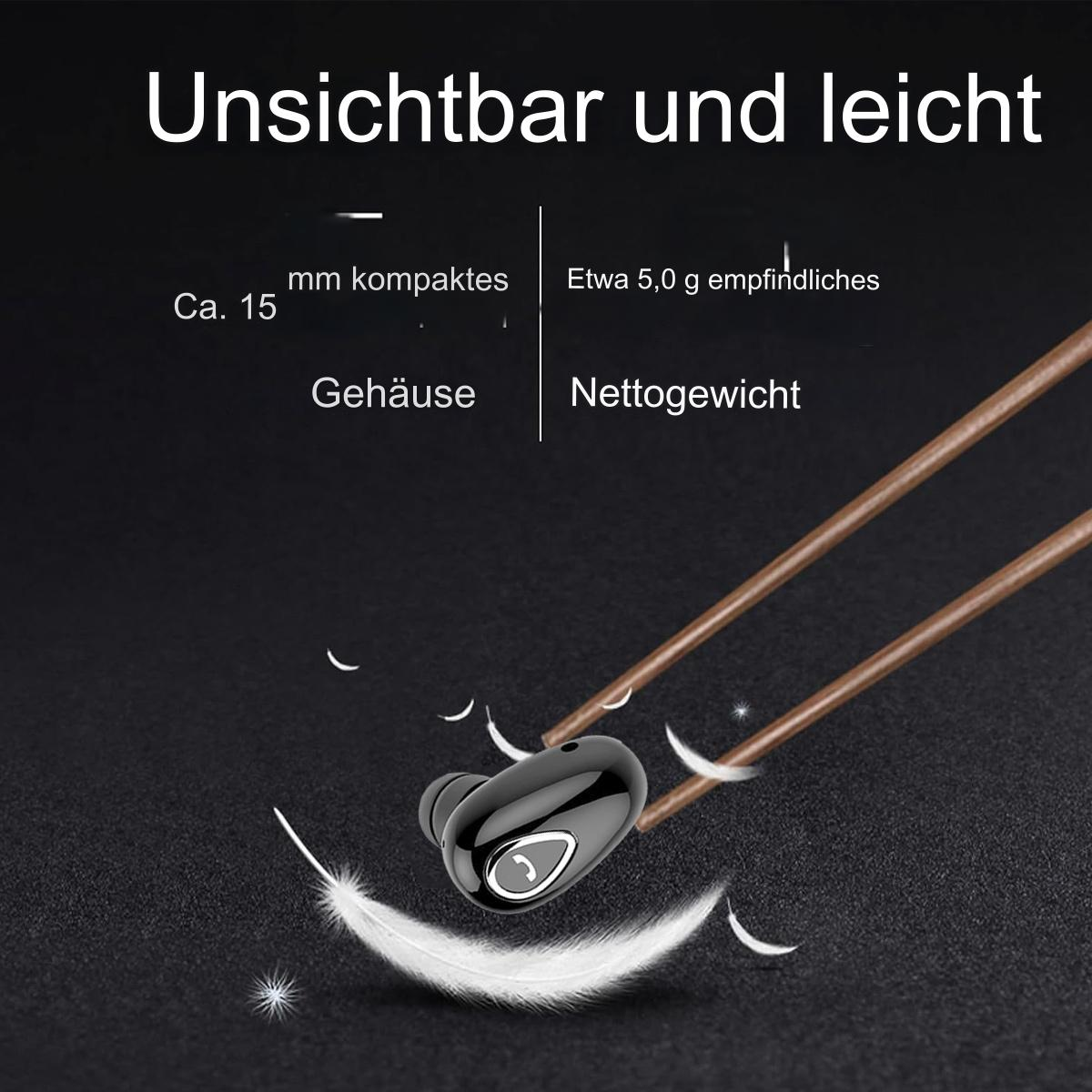 Schwarzer Ohrhörer mit weißer Feder und Text. Zwei braune Stiele auf dunklem Hintergrund.