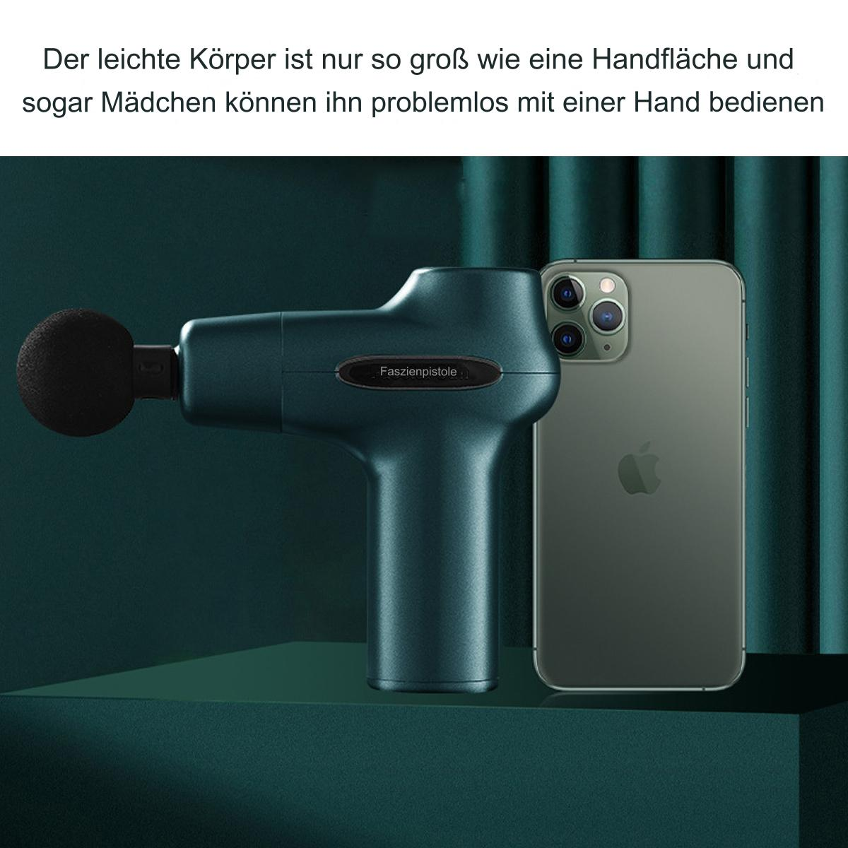 Eine Massagepistole neben einem Telefon. Die Massagepistole ist blau, das Telefon ist grün.