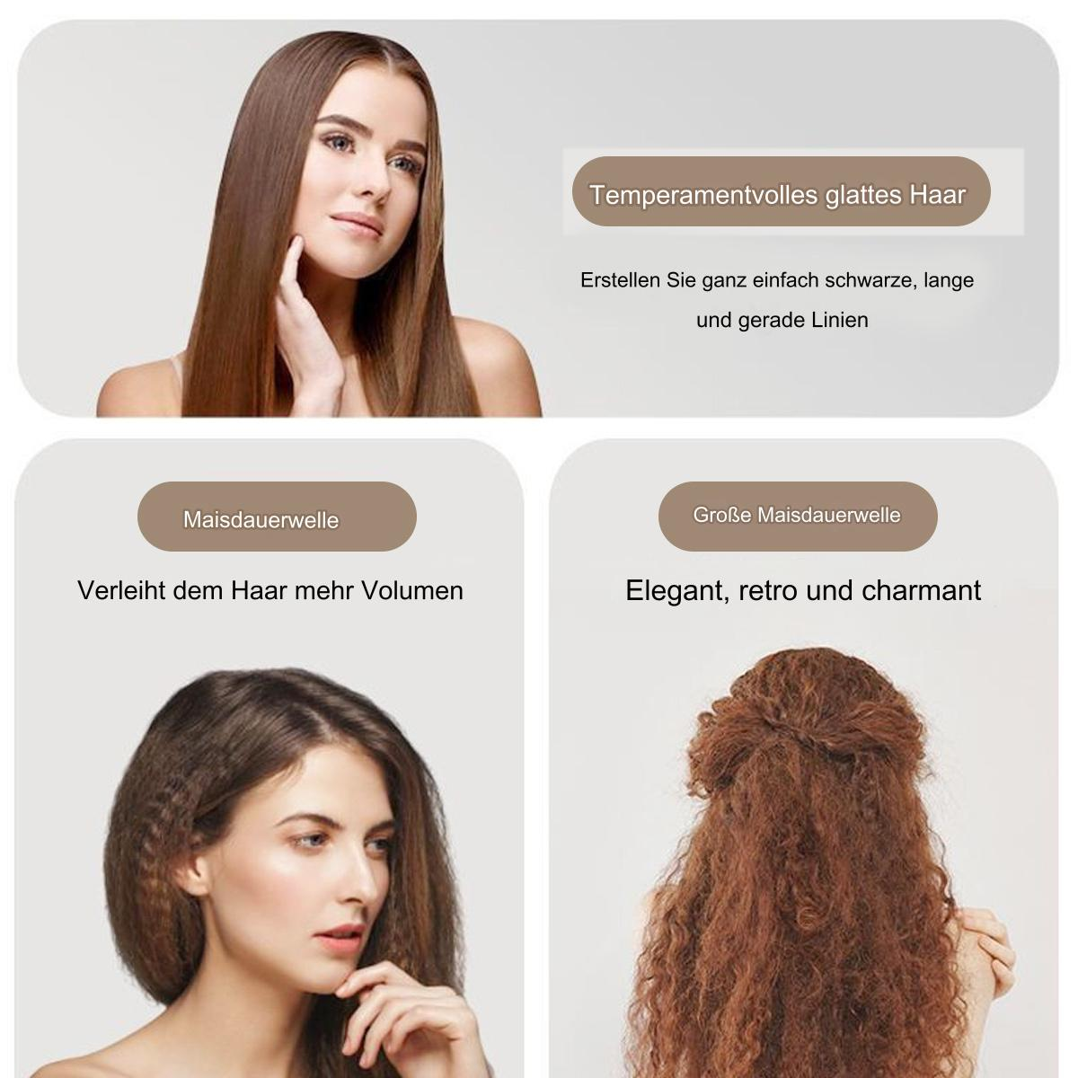 Frau mit gestylten Haaren. Bilder zeigen verschiedene Frisuren und Textbeschreibungen.
